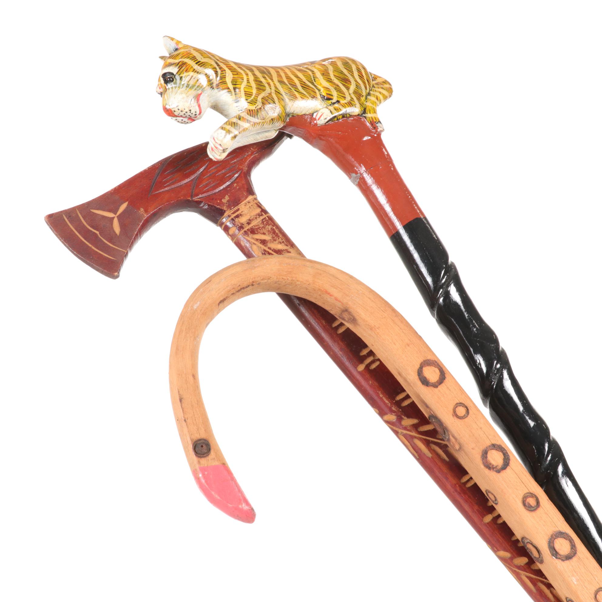 Hand Carved Wooden Canes with Flamingo, Tiger, and Eagle Heads