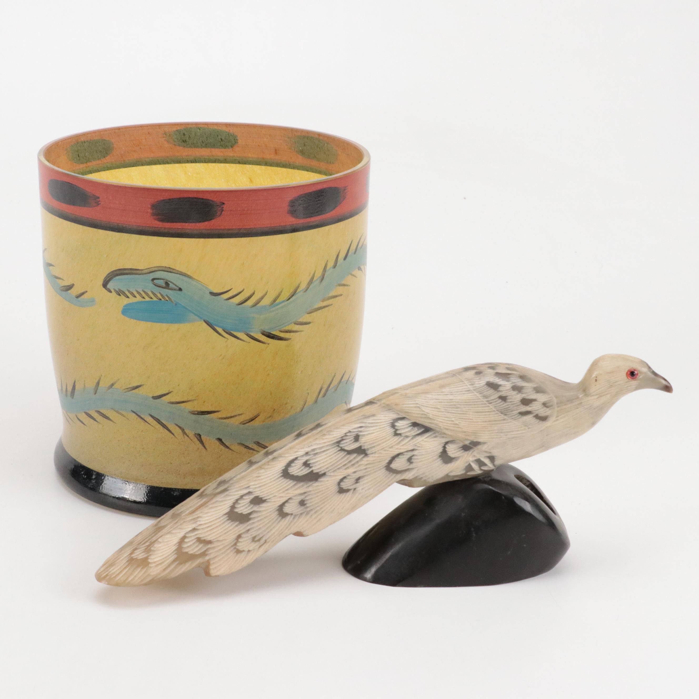 Carved Horn Peacock Figure on Resin Base, Kosta Boda "Nevada" Hand-Painted Vase