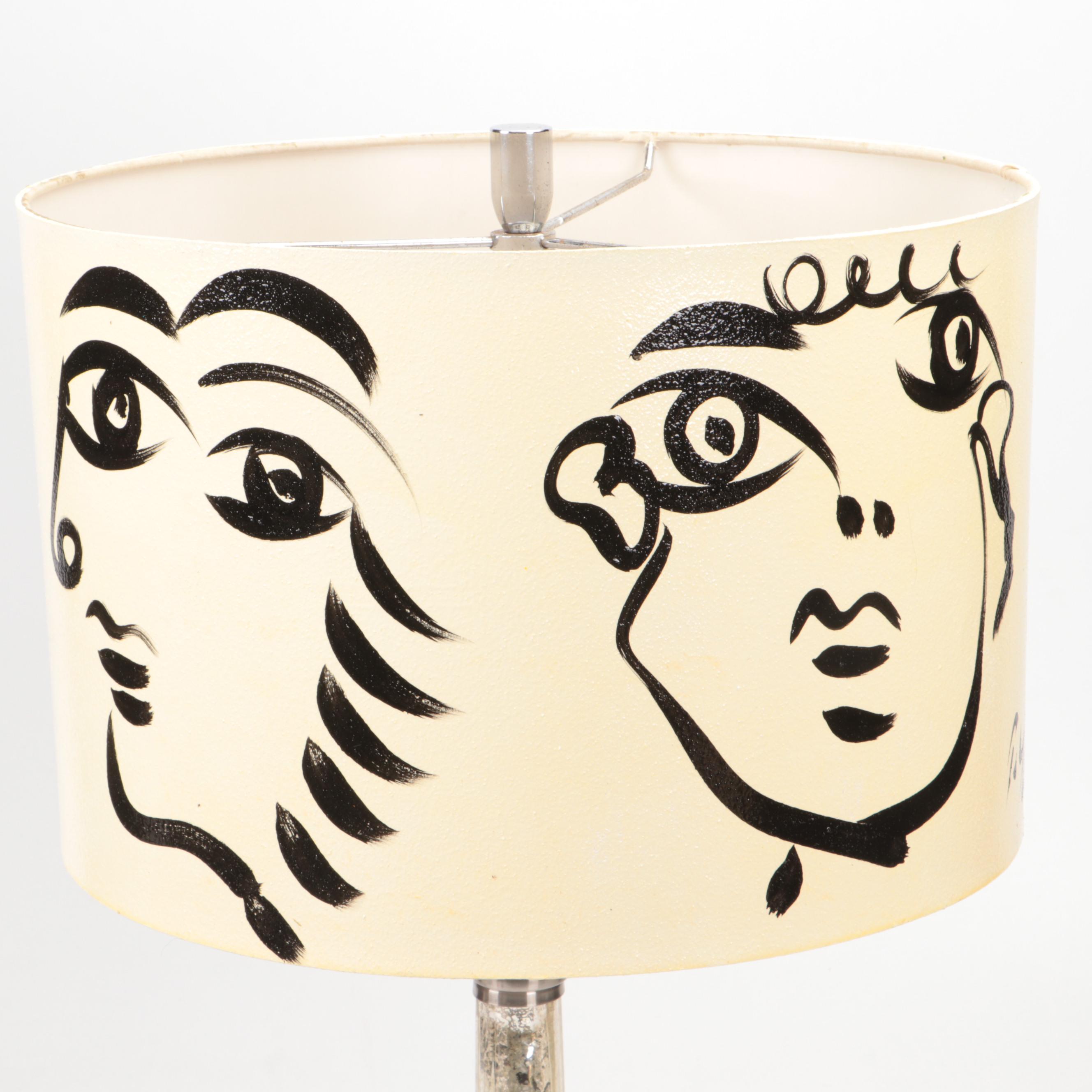 Peter Keil Painted Shade with Mercury Glass Column Table Lamp, 21st Century