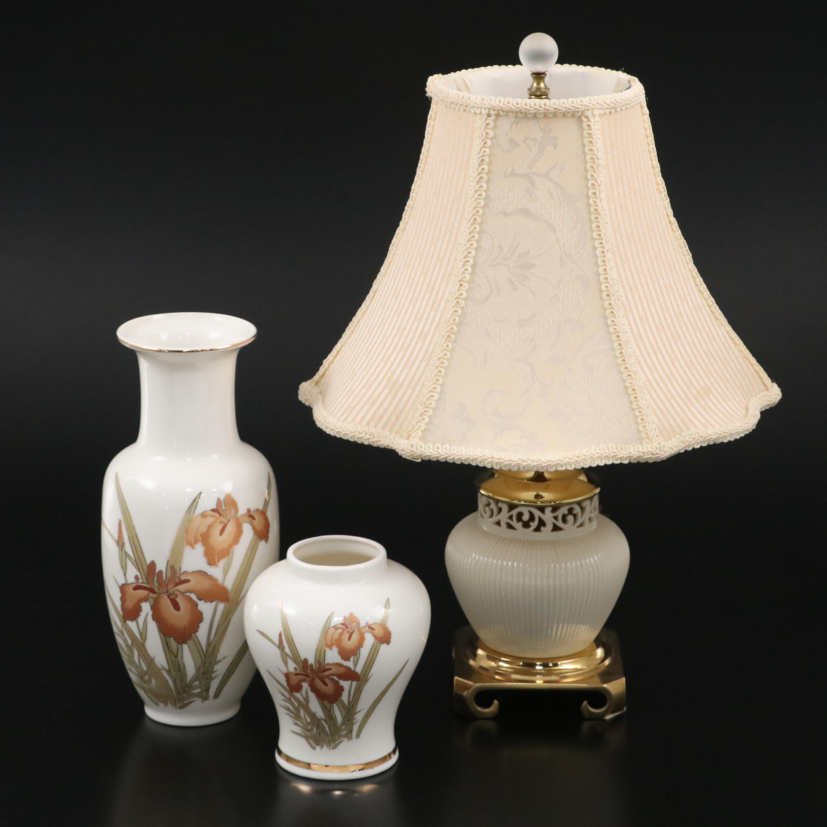 Lenox Pierced Porcelain Table Lamp with Japanese Porcelain Iris Gilt Rim Vases