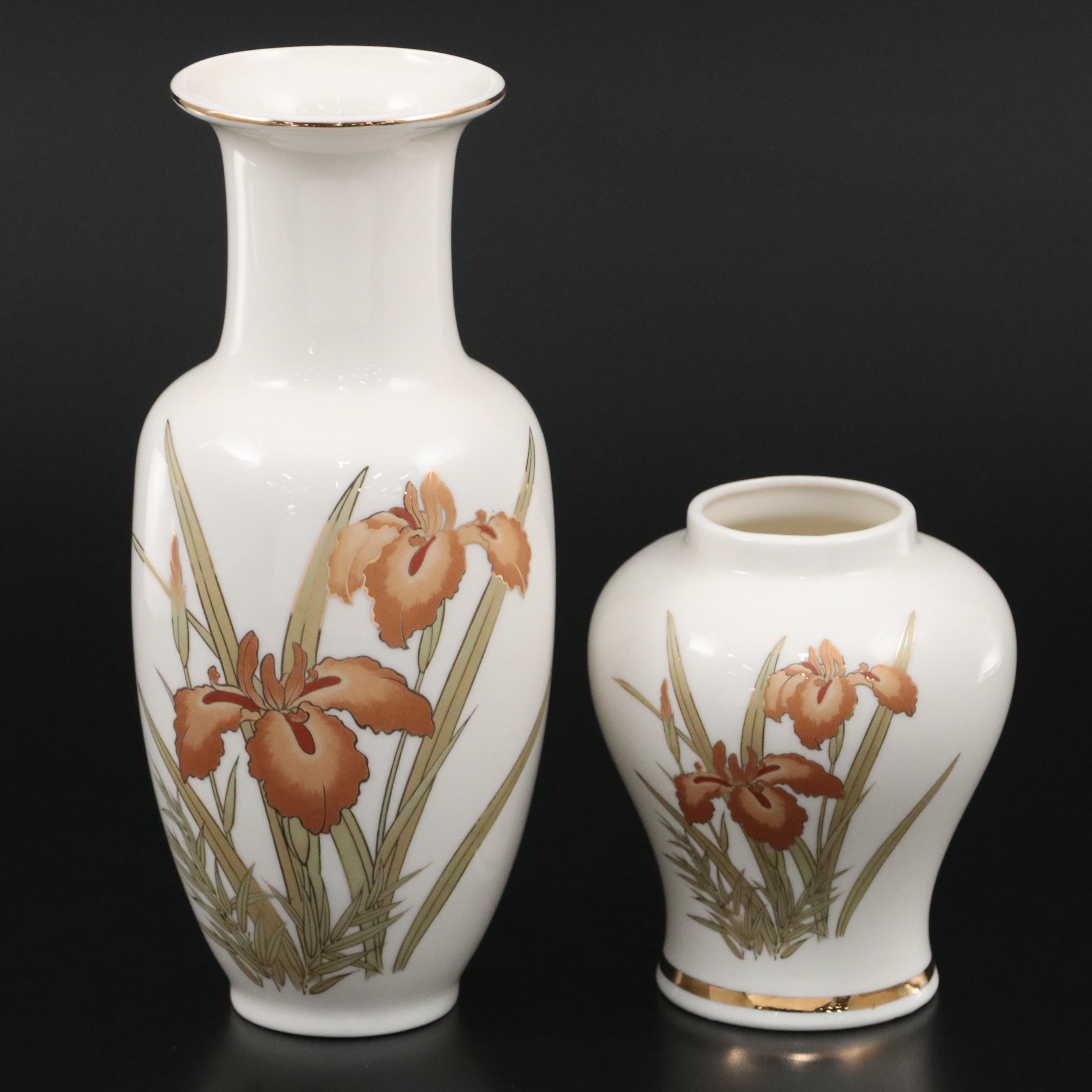 Lenox Pierced Porcelain Table Lamp with Japanese Porcelain Iris Gilt Rim Vases