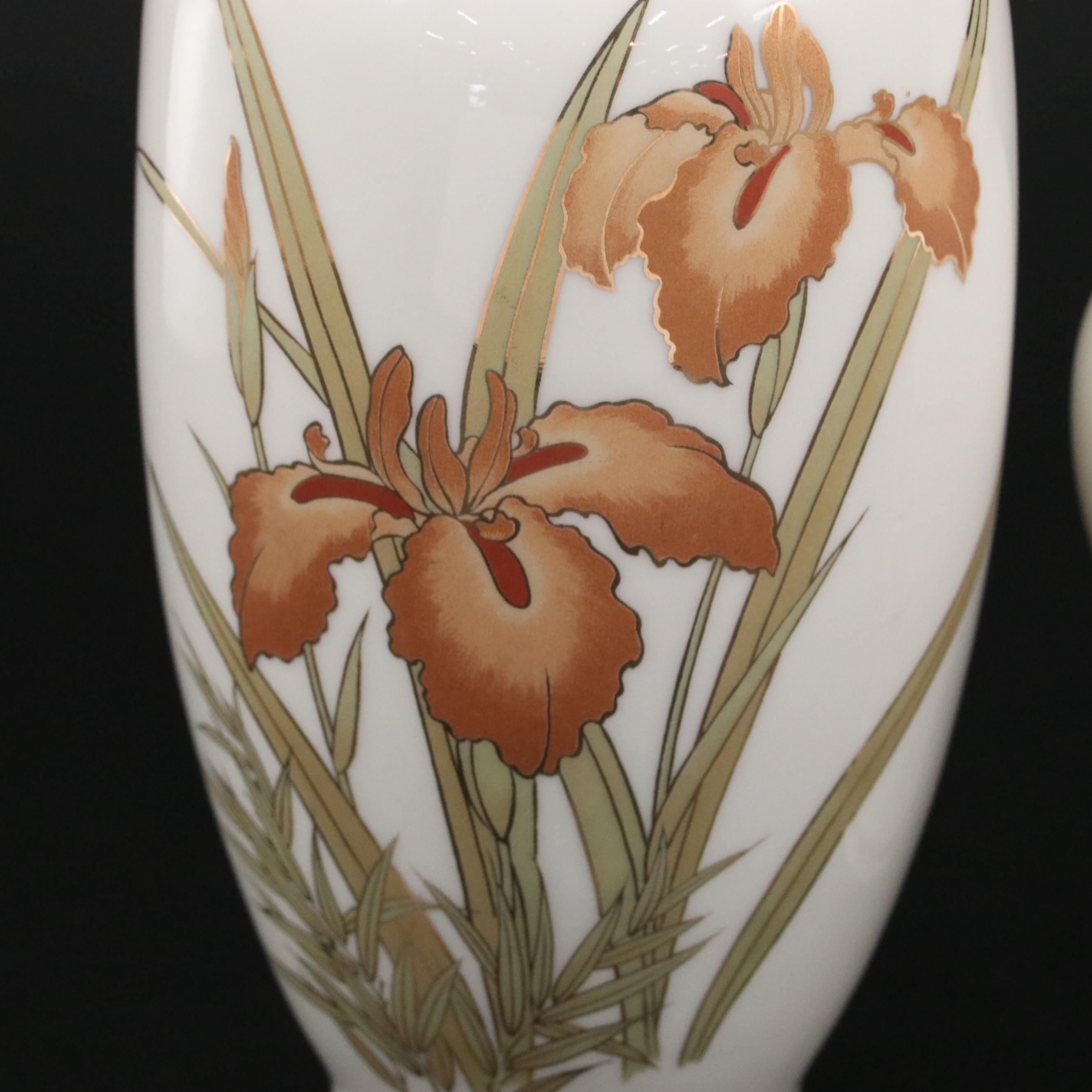 Lenox Pierced Porcelain Table Lamp with Japanese Porcelain Iris Gilt Rim Vases