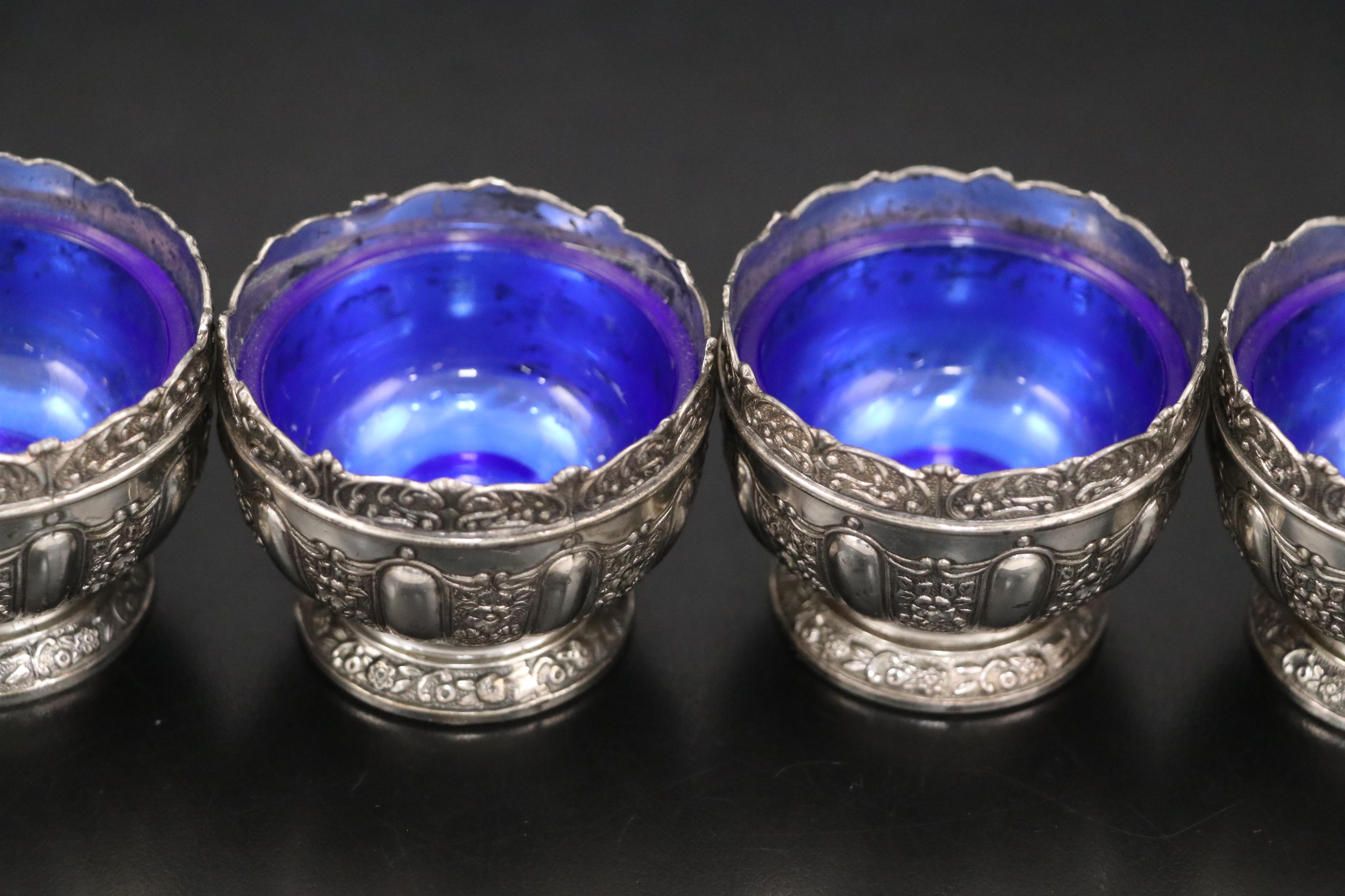 Tiffany and Other Sterling Silver Salt Spoons with Silver Plate Open Salts