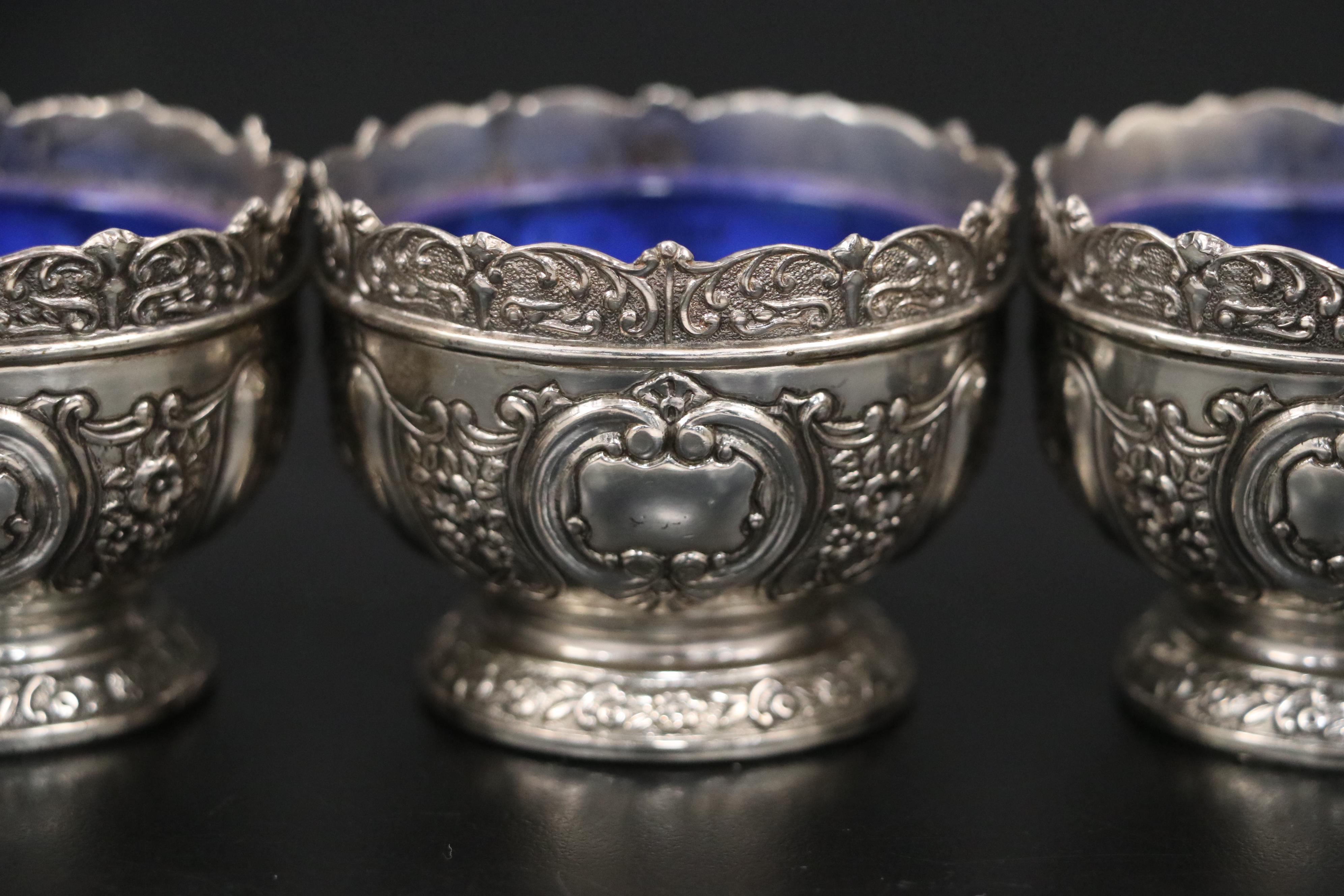 Tiffany and Other Sterling Silver Salt Spoons with Silver Plate Open Salts