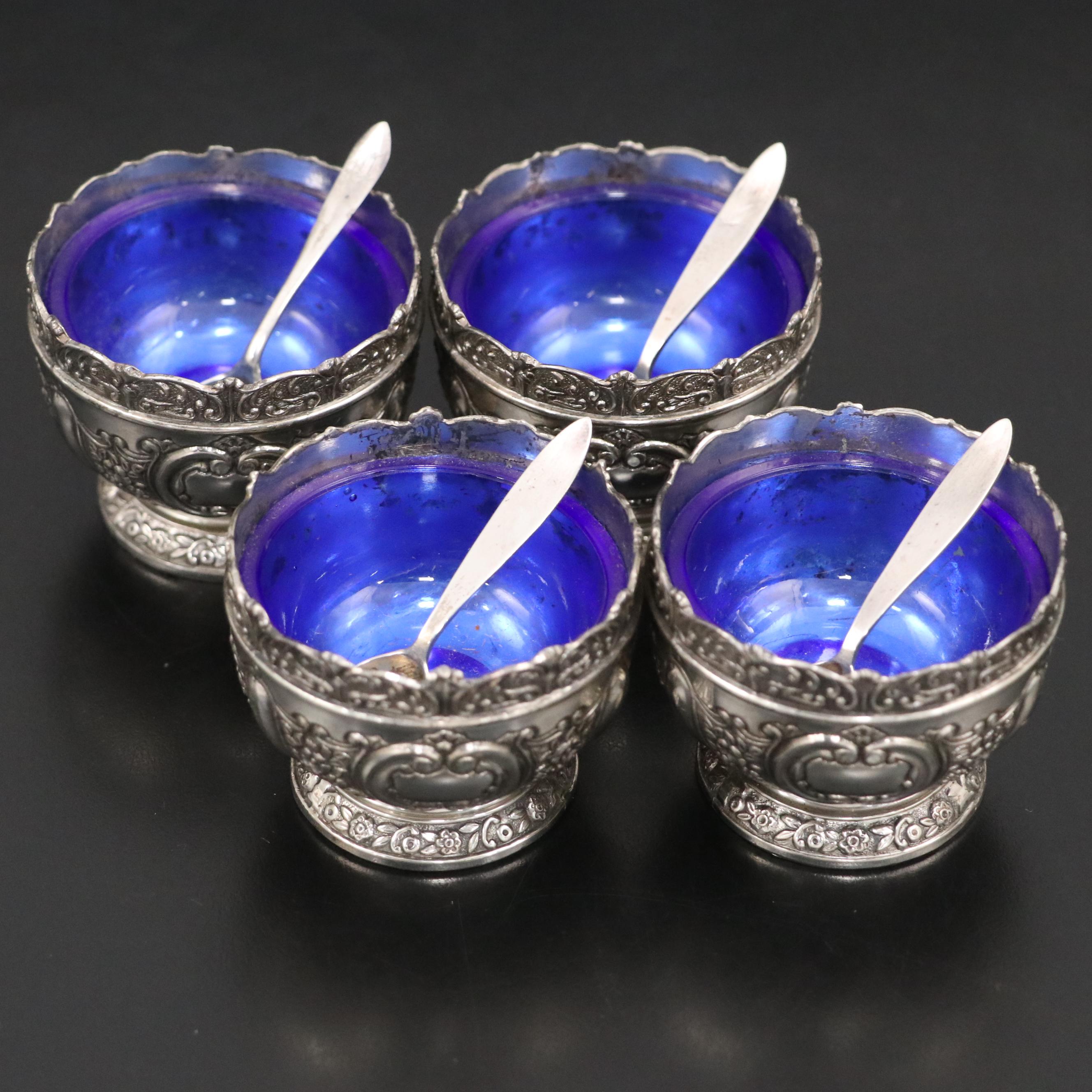 Tiffany and Other Sterling Silver Salt Spoons with Silver Plate Open Salts