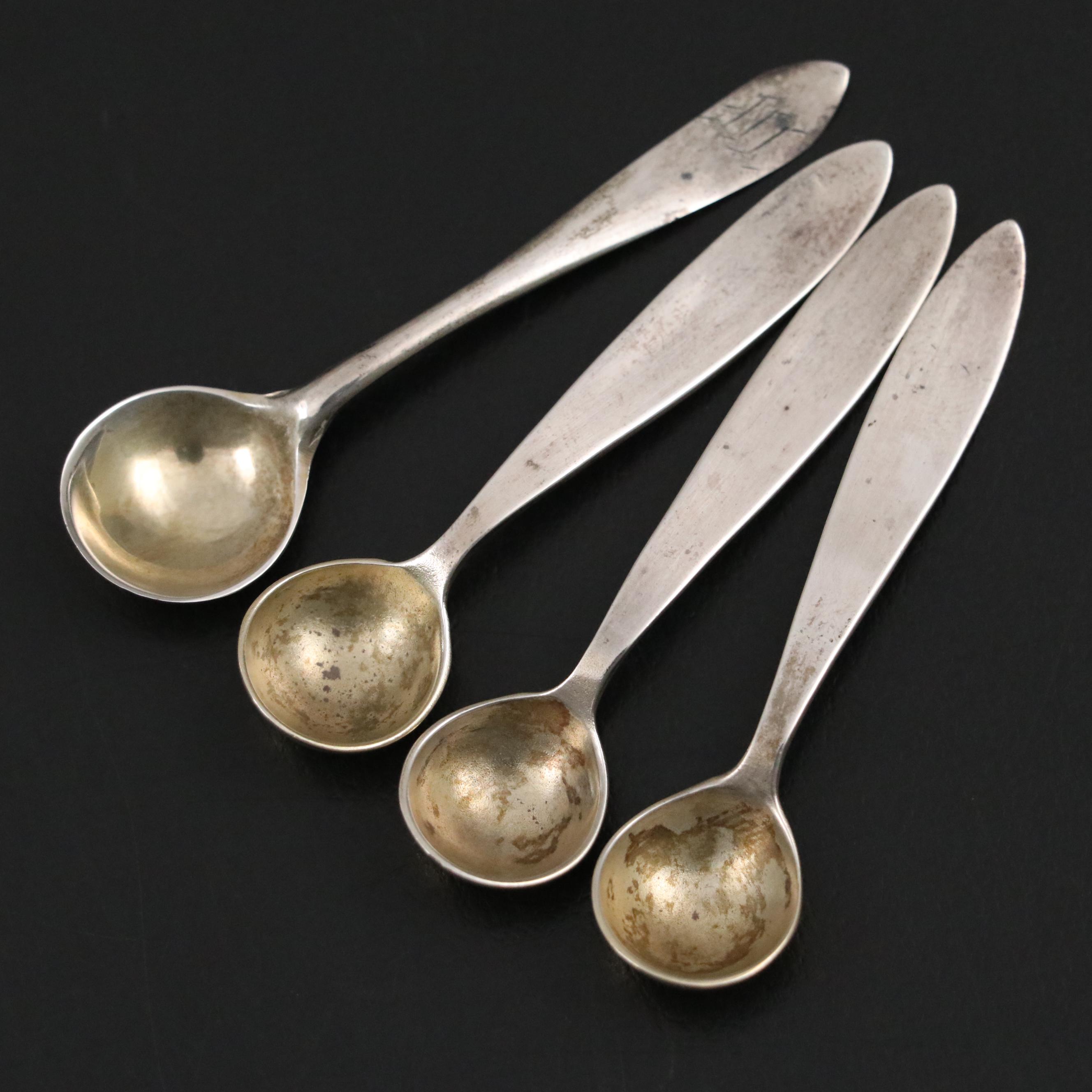 Tiffany and Other Sterling Silver Salt Spoons with Silver Plate Open Salts