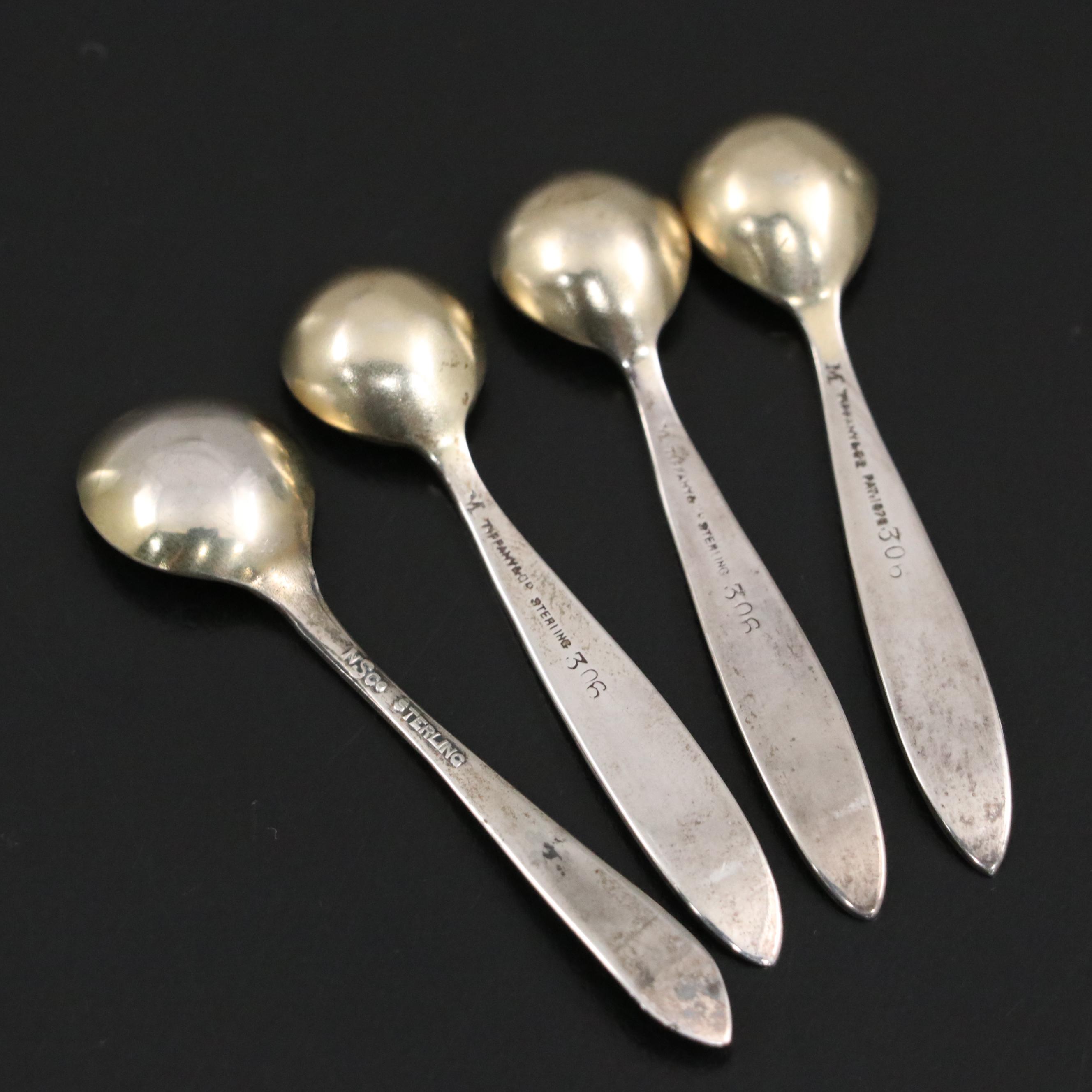 Tiffany and Other Sterling Silver Salt Spoons with Silver Plate Open Salts
