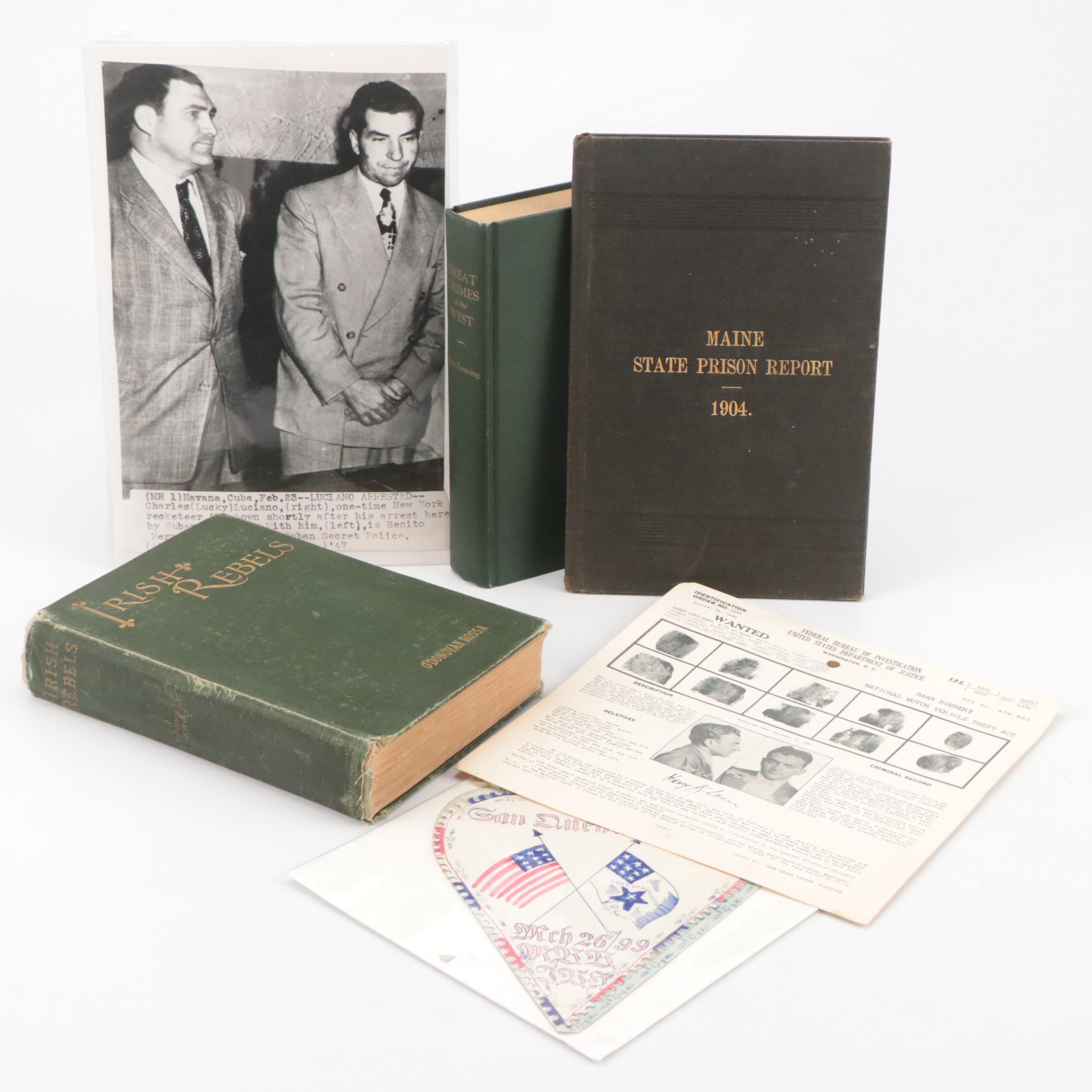 San Quentin Prison Folk Art Collage, FBI Wanted Card, "Irish Rebels" Book