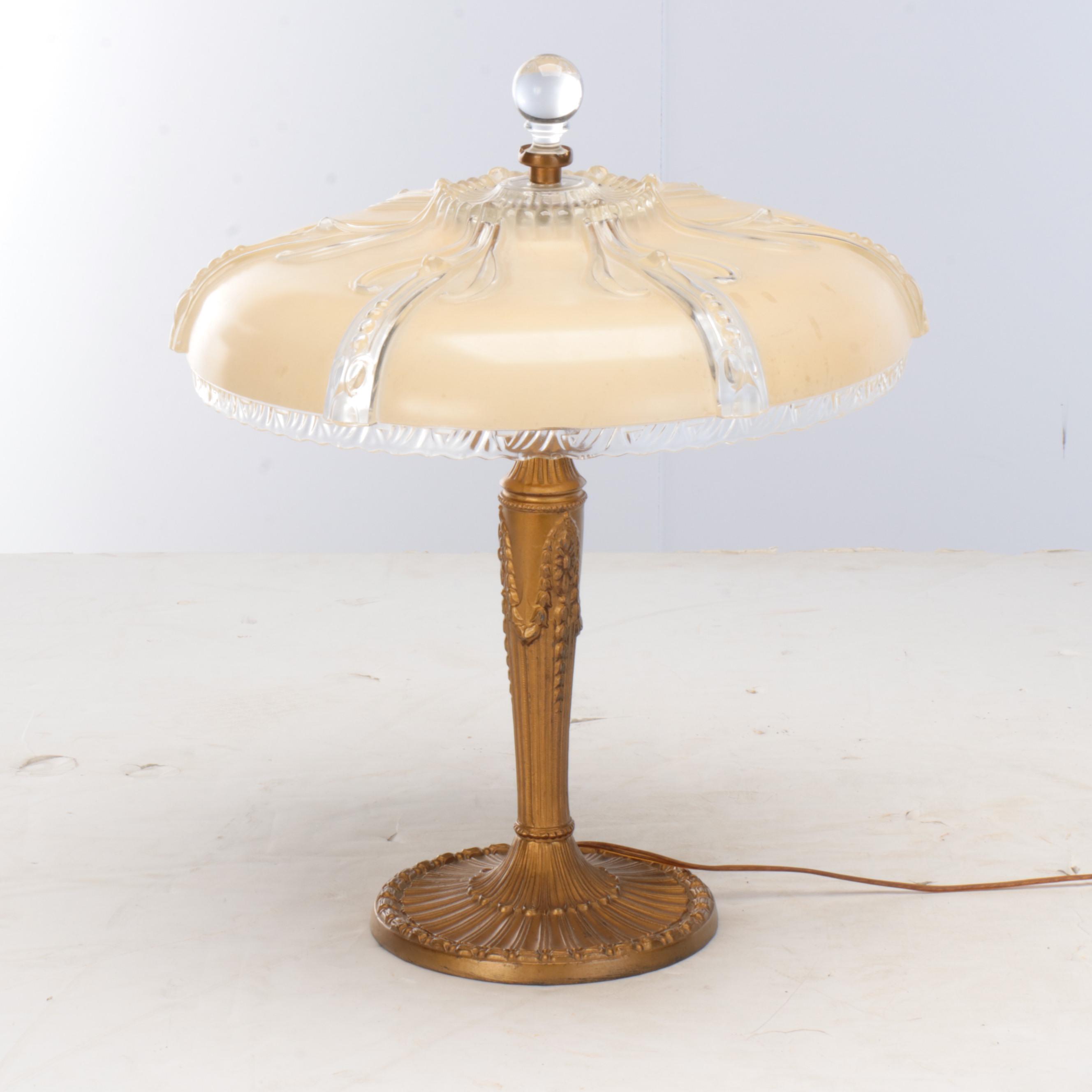 Neoclassical Style Gilt Cast Spelter Lamp with Art Deco Glass Shade