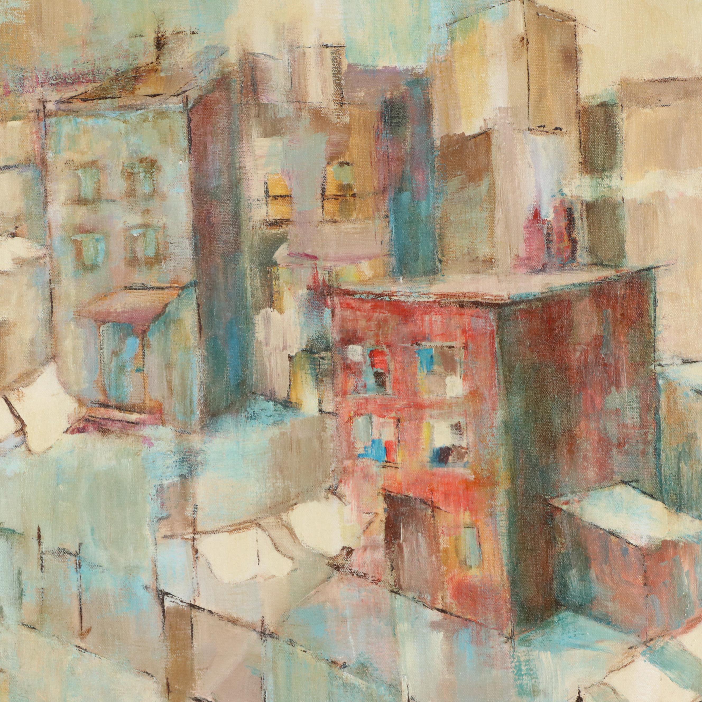 Modern Abstracted Cityscape Oil Painting, 1976