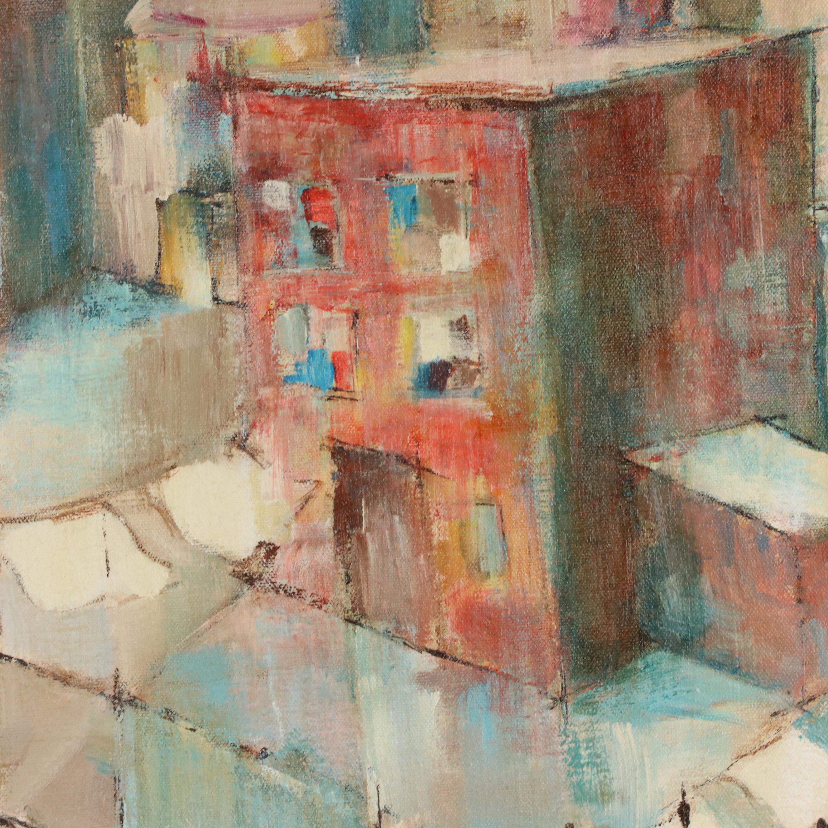 Modern Abstracted Cityscape Oil Painting, 1976
