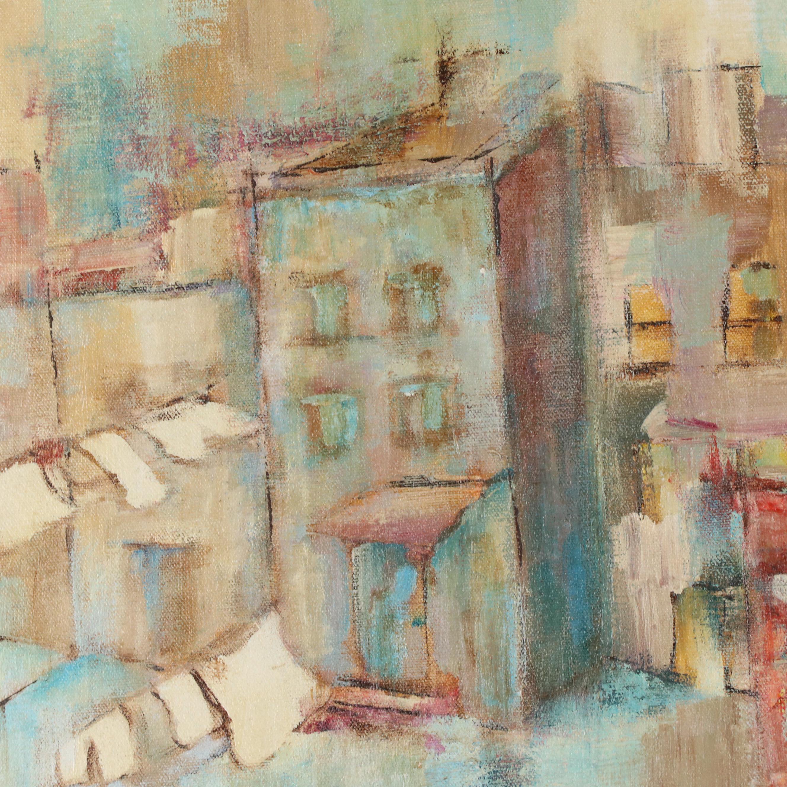 Modern Abstracted Cityscape Oil Painting, 1976