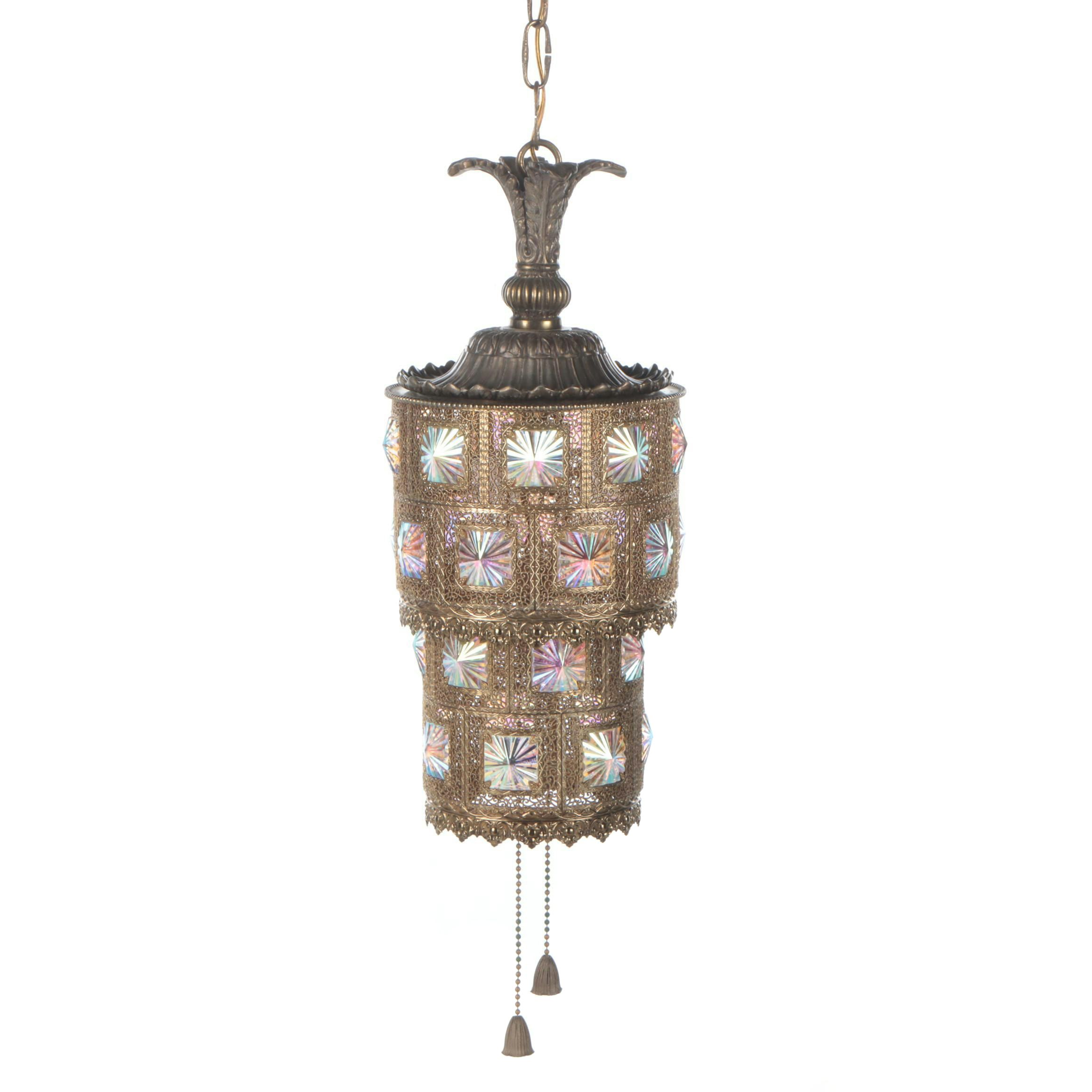 Hollywood Regency Filigree Brass and Iridescent Crystals Swag Pendant Light