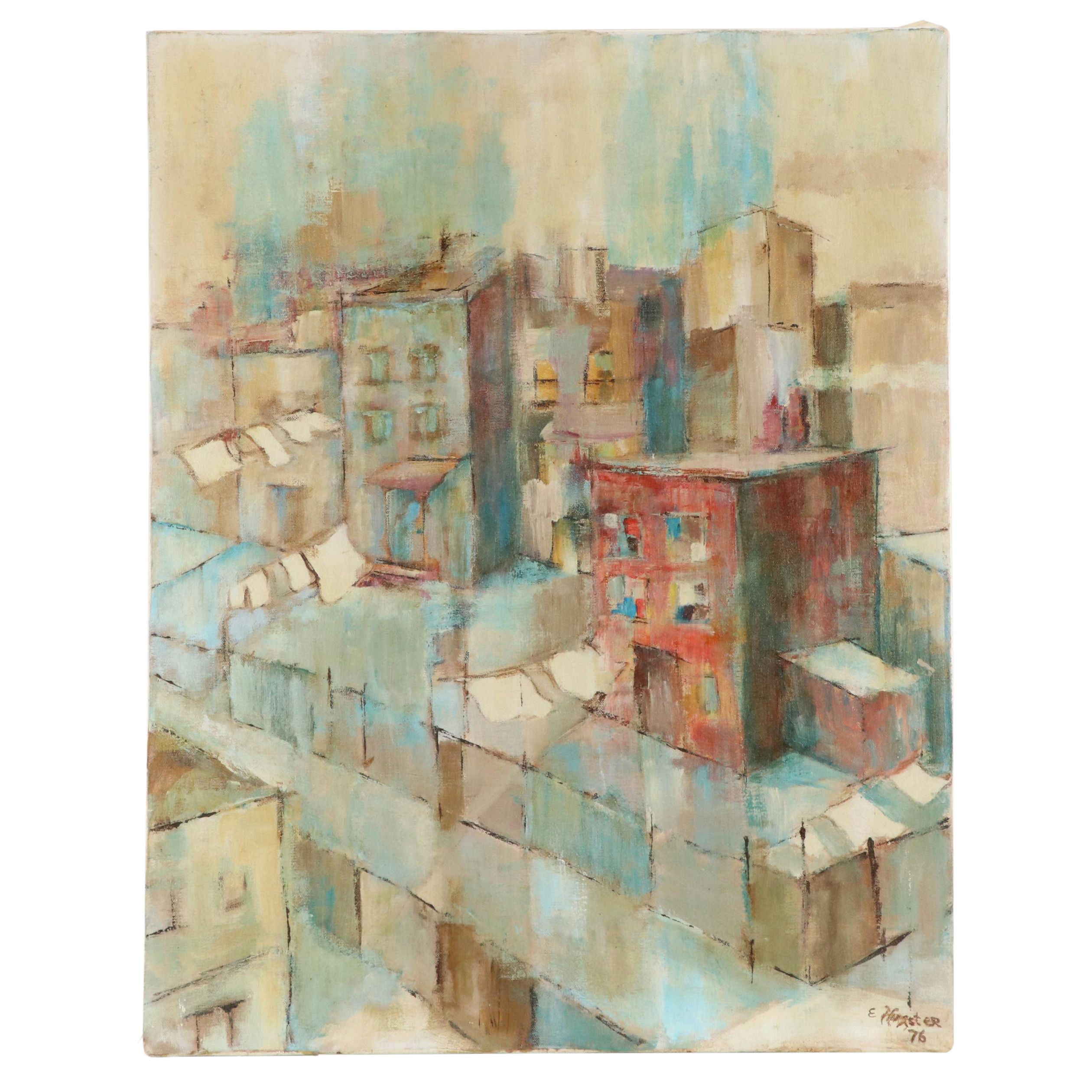 Modern Abstracted Cityscape Oil Painting, 1976
