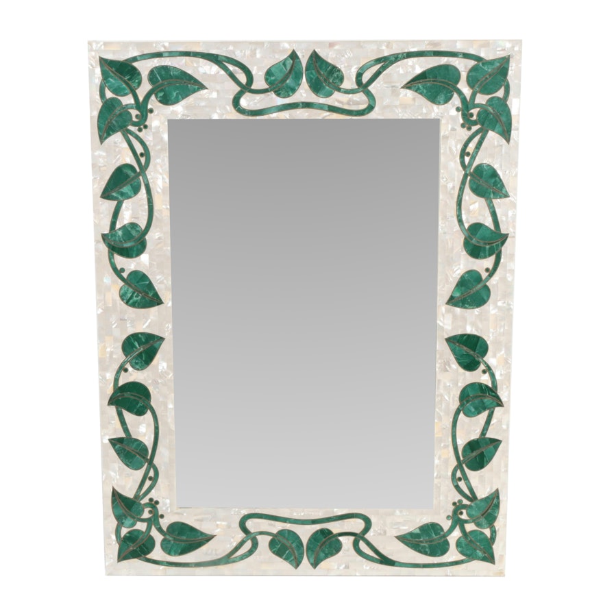 Mother-Of-Pearl and Stone Mosaic Wall Mirror with Vine Motif