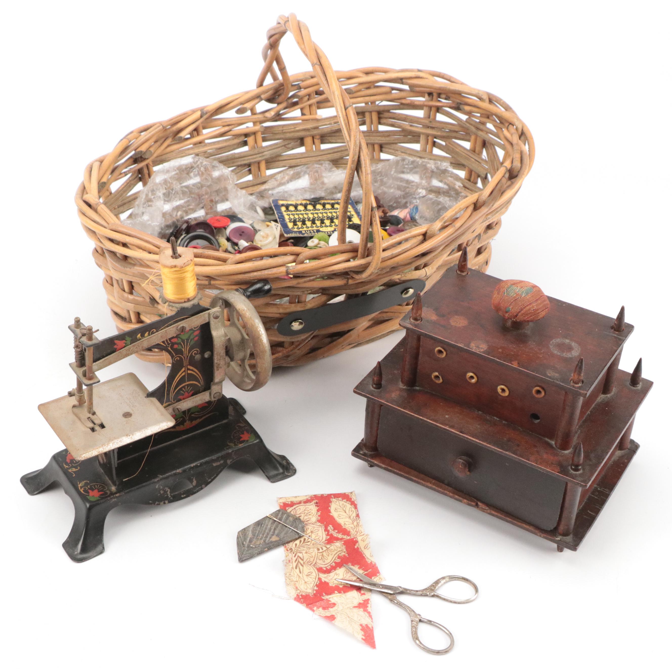 Victorian Two-Tier Box, Miniature Sewing Machine, Rattan Basket, Sewing Notions