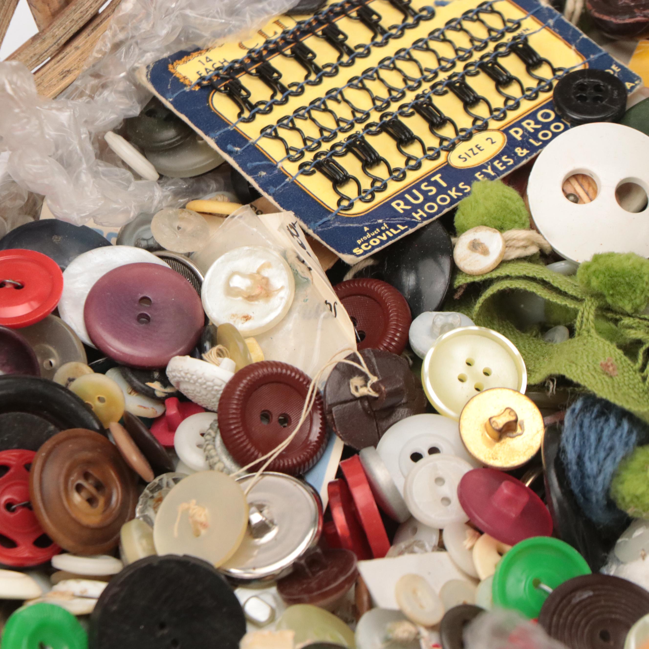 Victorian Two-Tier Box, Miniature Sewing Machine, Rattan Basket, Sewing Notions
