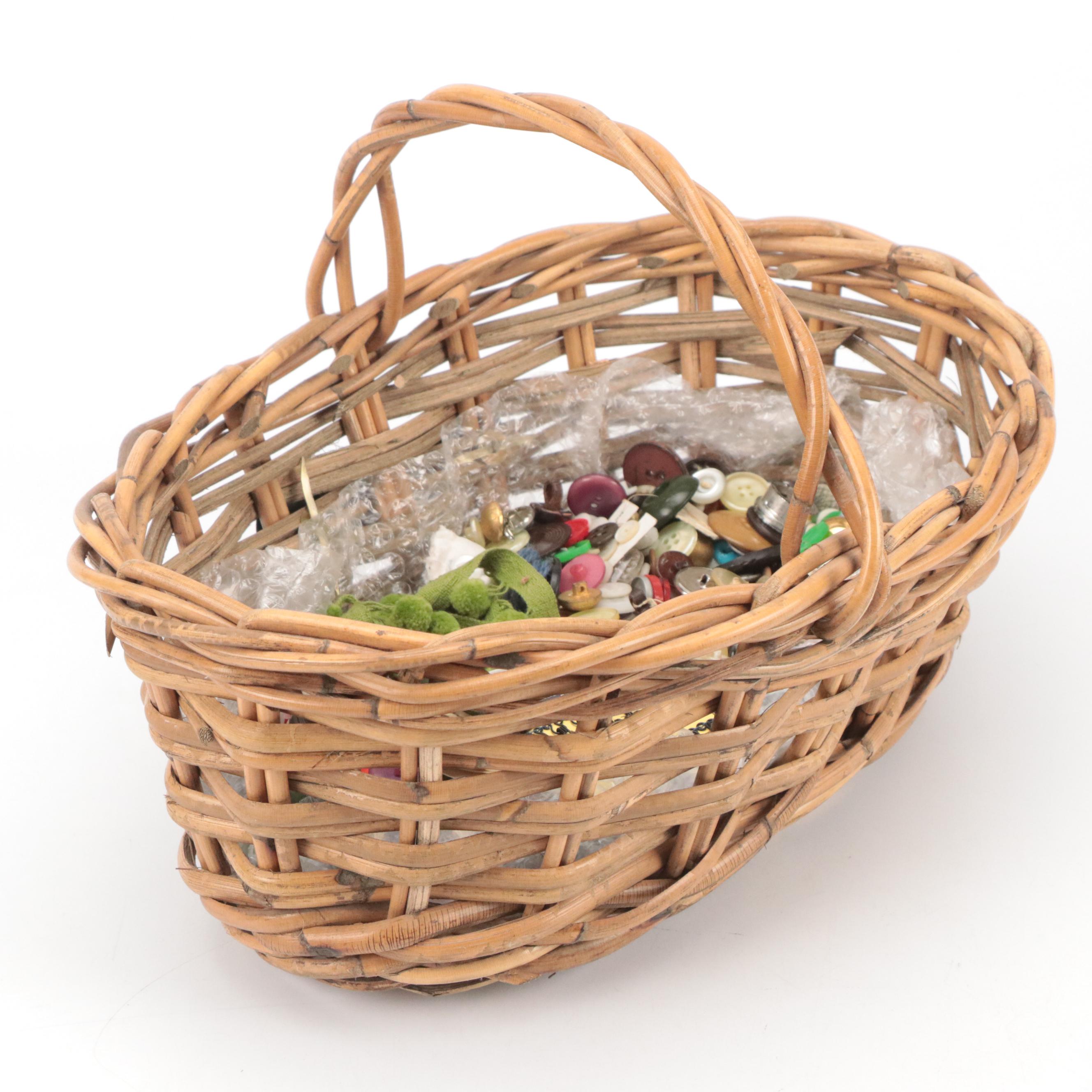 Victorian Two-Tier Box, Miniature Sewing Machine, Rattan Basket, Sewing Notions