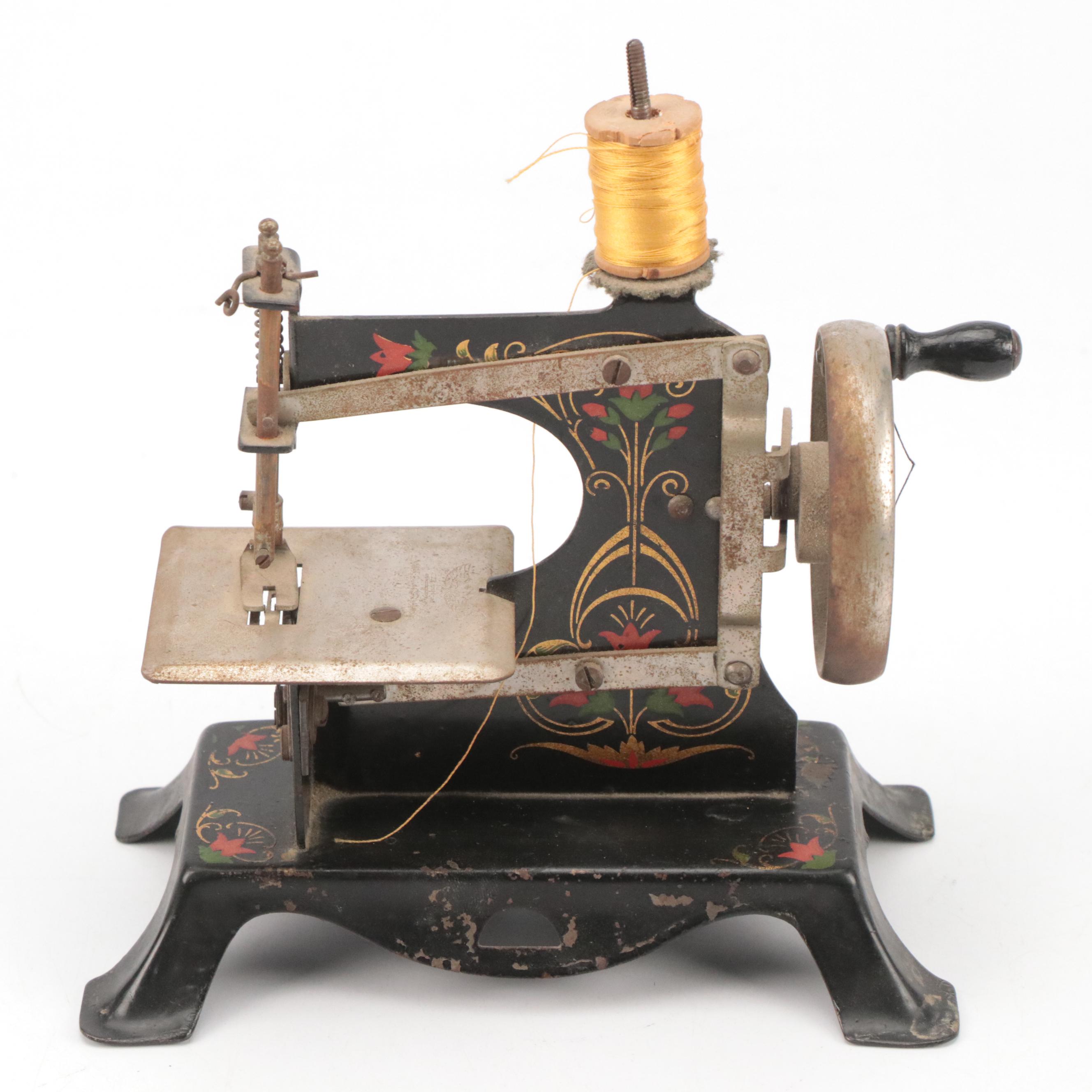 Victorian Two-Tier Box, Miniature Sewing Machine, Rattan Basket, Sewing Notions