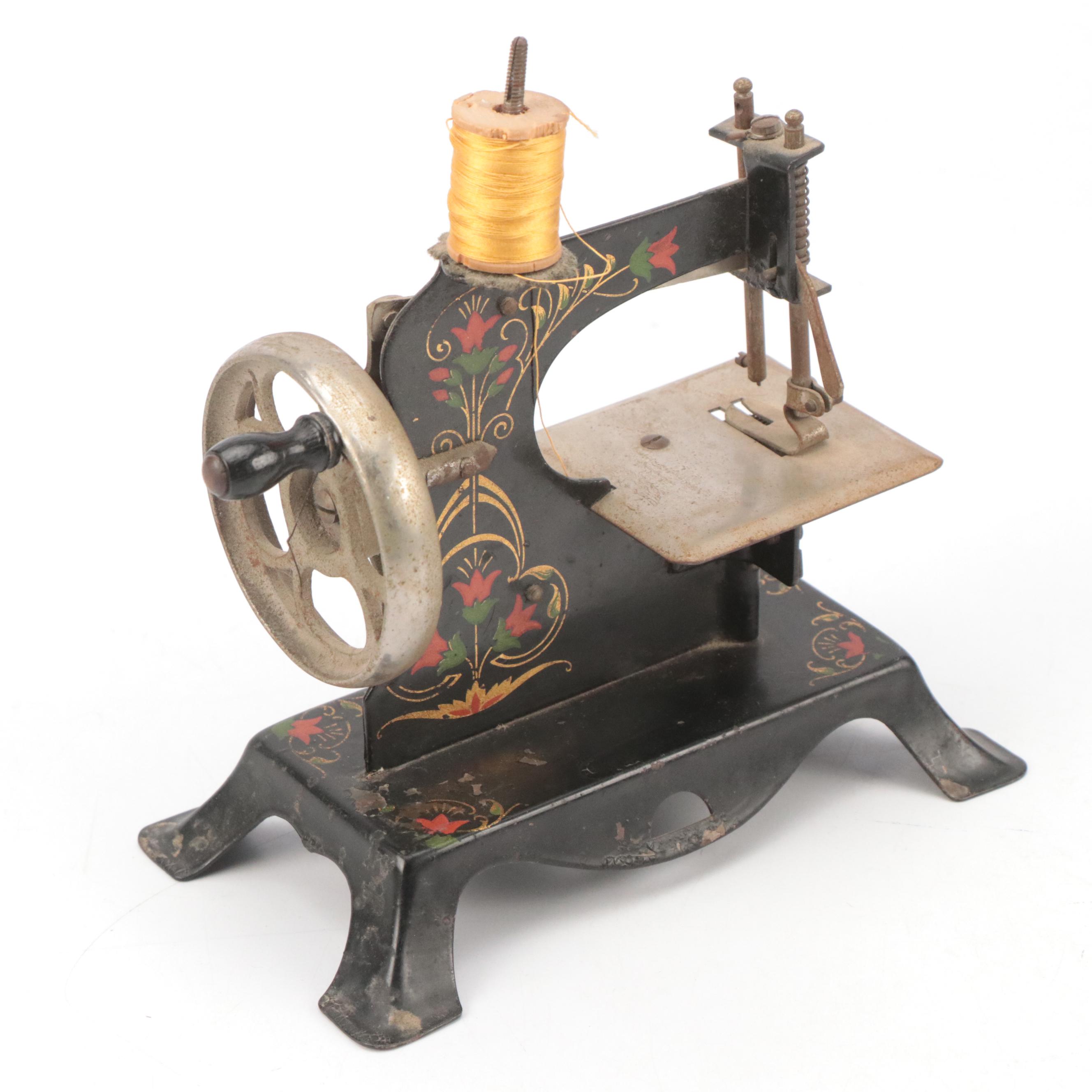 Victorian Two-Tier Box, Miniature Sewing Machine, Rattan Basket, Sewing Notions