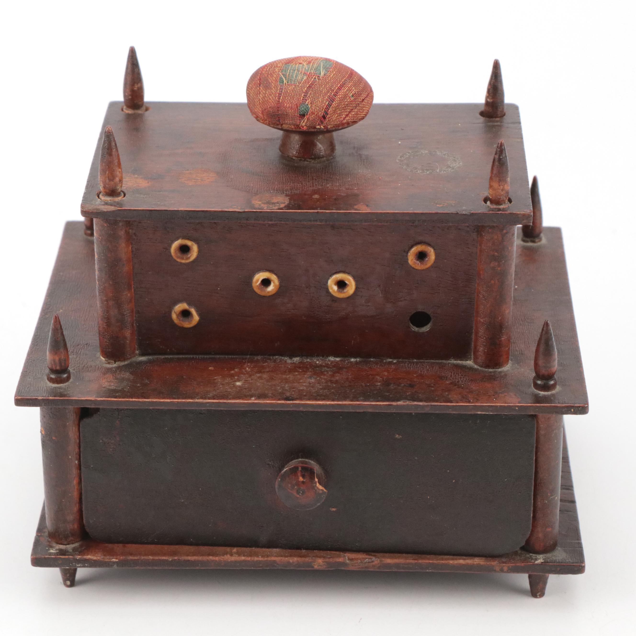 Victorian Two-Tier Box, Miniature Sewing Machine, Rattan Basket, Sewing Notions