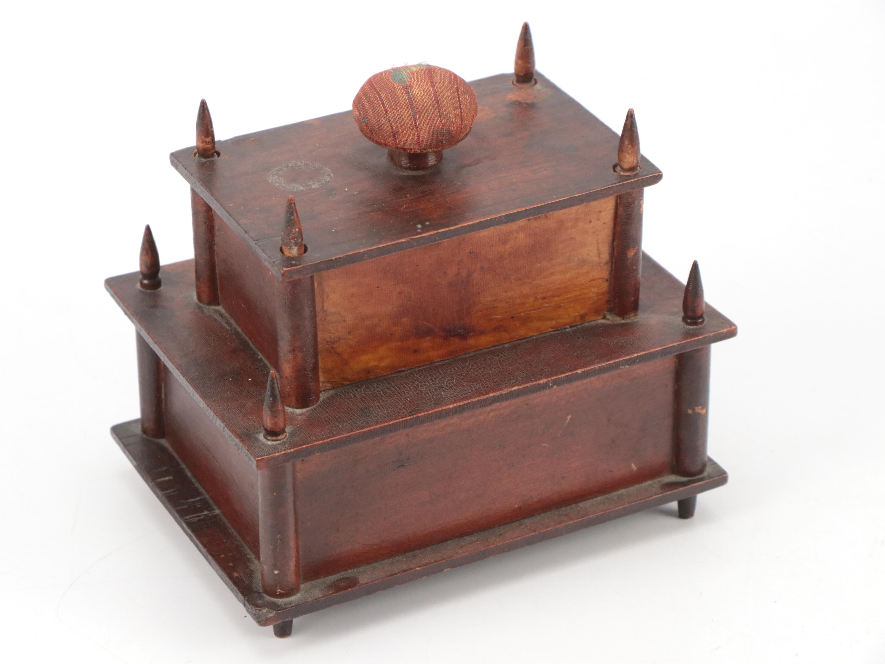 Victorian Two-Tier Box, Miniature Sewing Machine, Rattan Basket, Sewing Notions