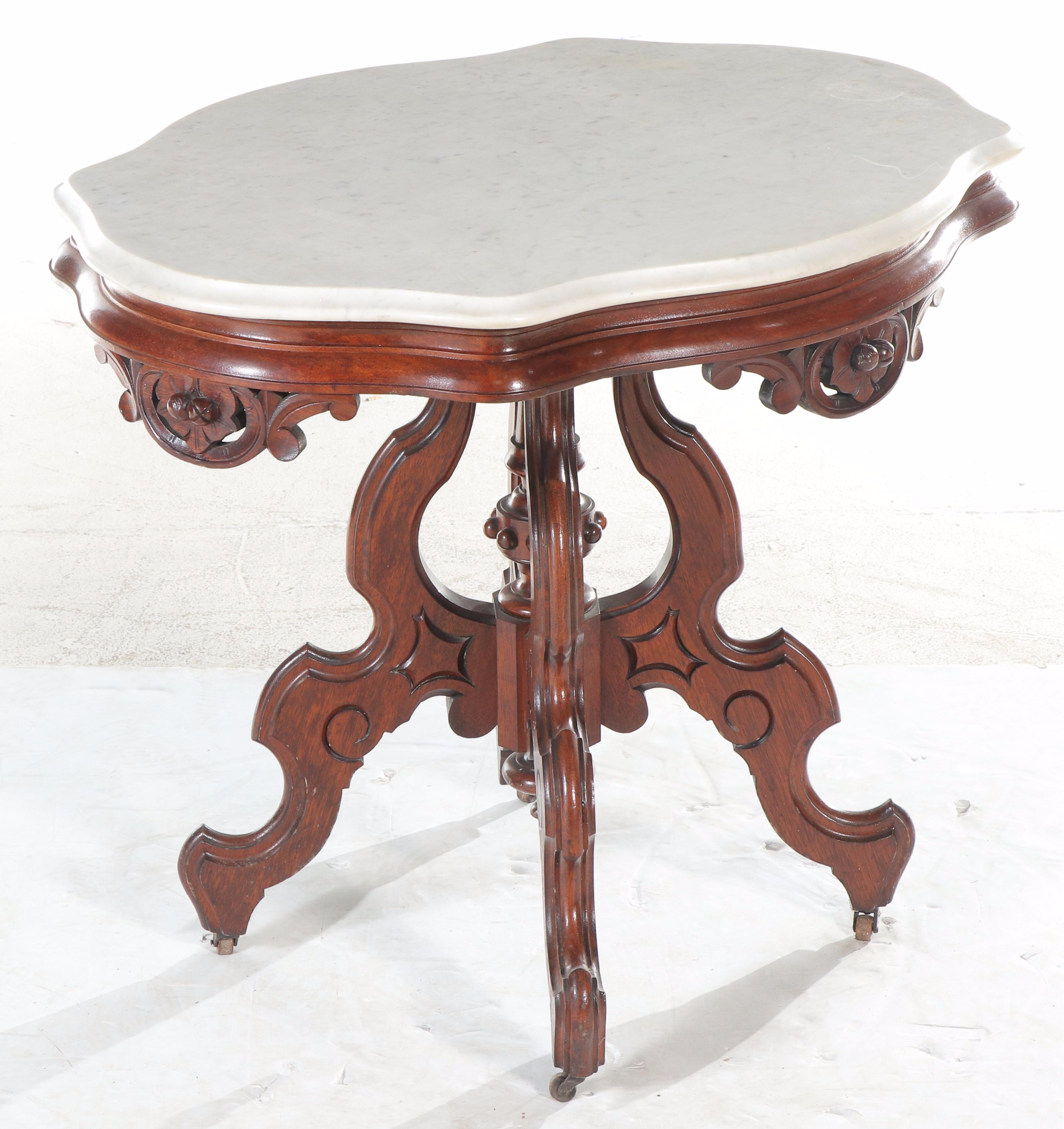 Victorian Rococo Revival Carved Walnut and White Marble Parlor Table, circa 1870