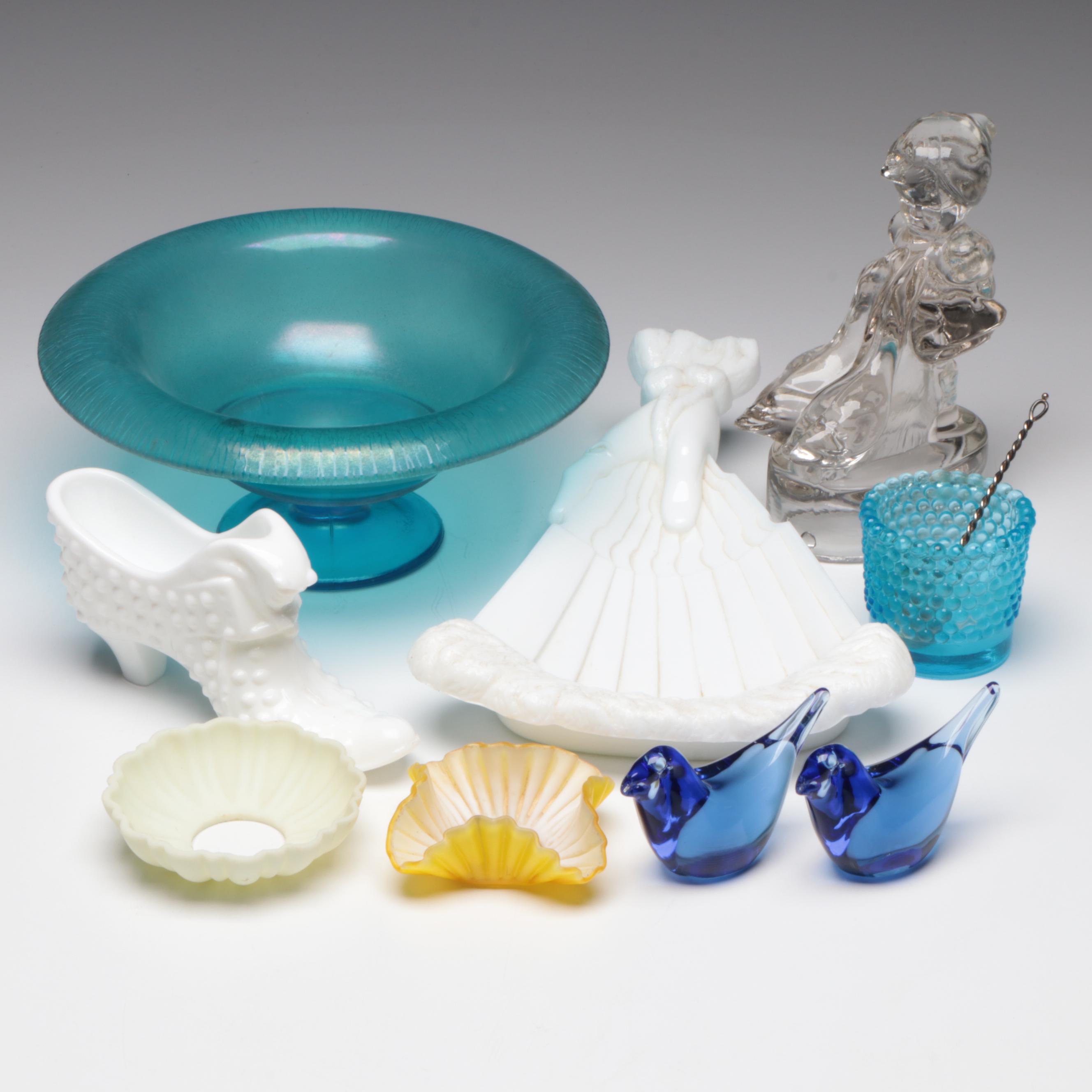 Art Deco Blue Stretch Glass Compote with Milk Glass Hand Dish and Other Decor