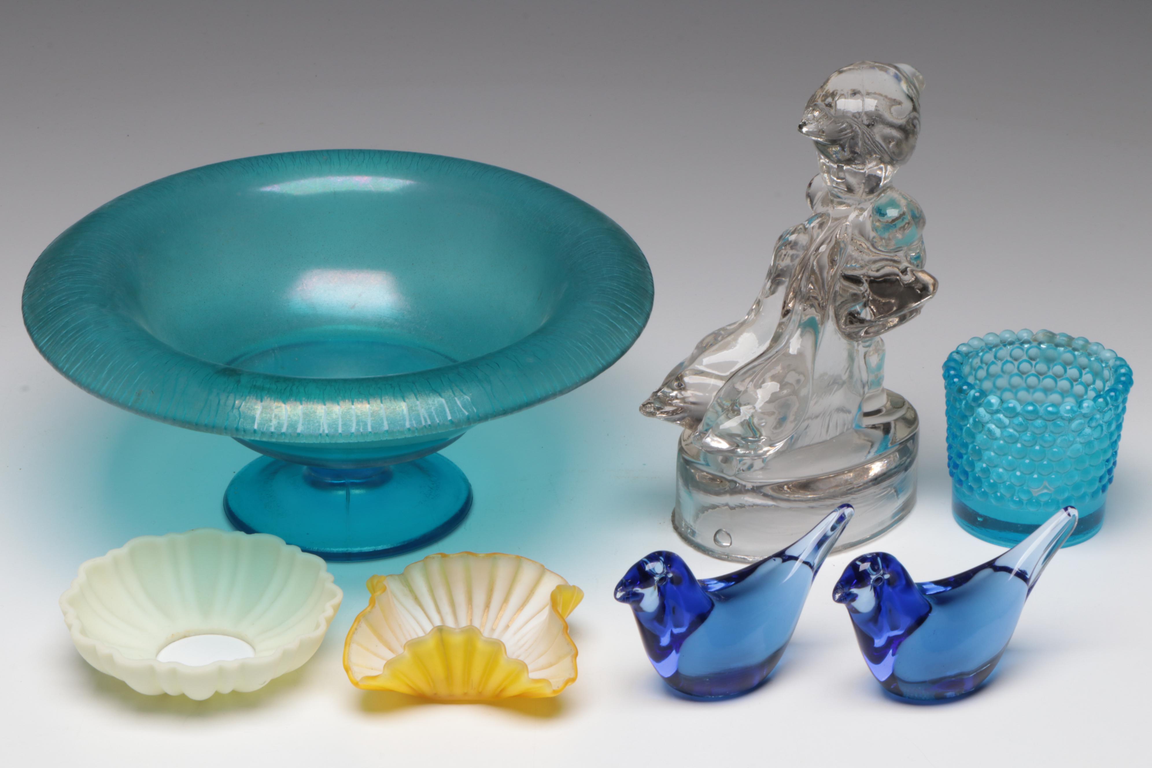 Art Deco Blue Stretch Glass Compote with Milk Glass Hand Dish and Other Decor