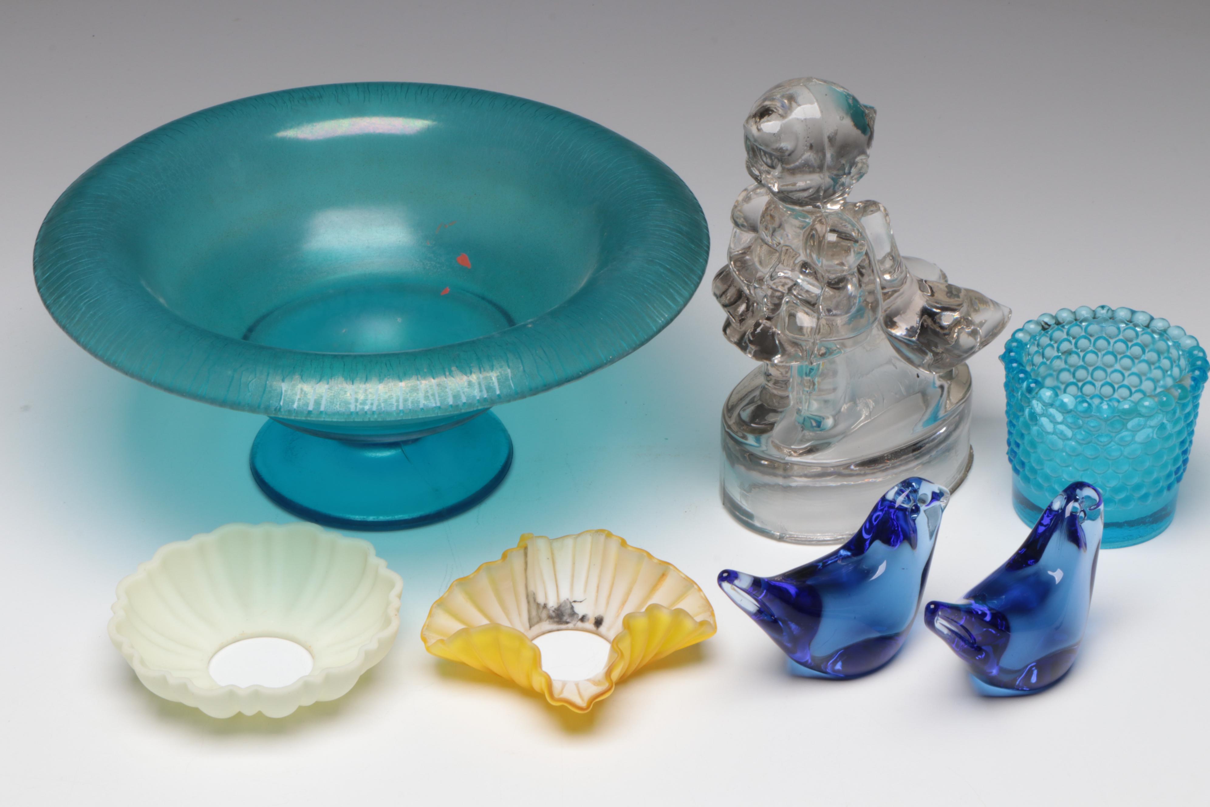 Art Deco Blue Stretch Glass Compote with Milk Glass Hand Dish and Other Decor