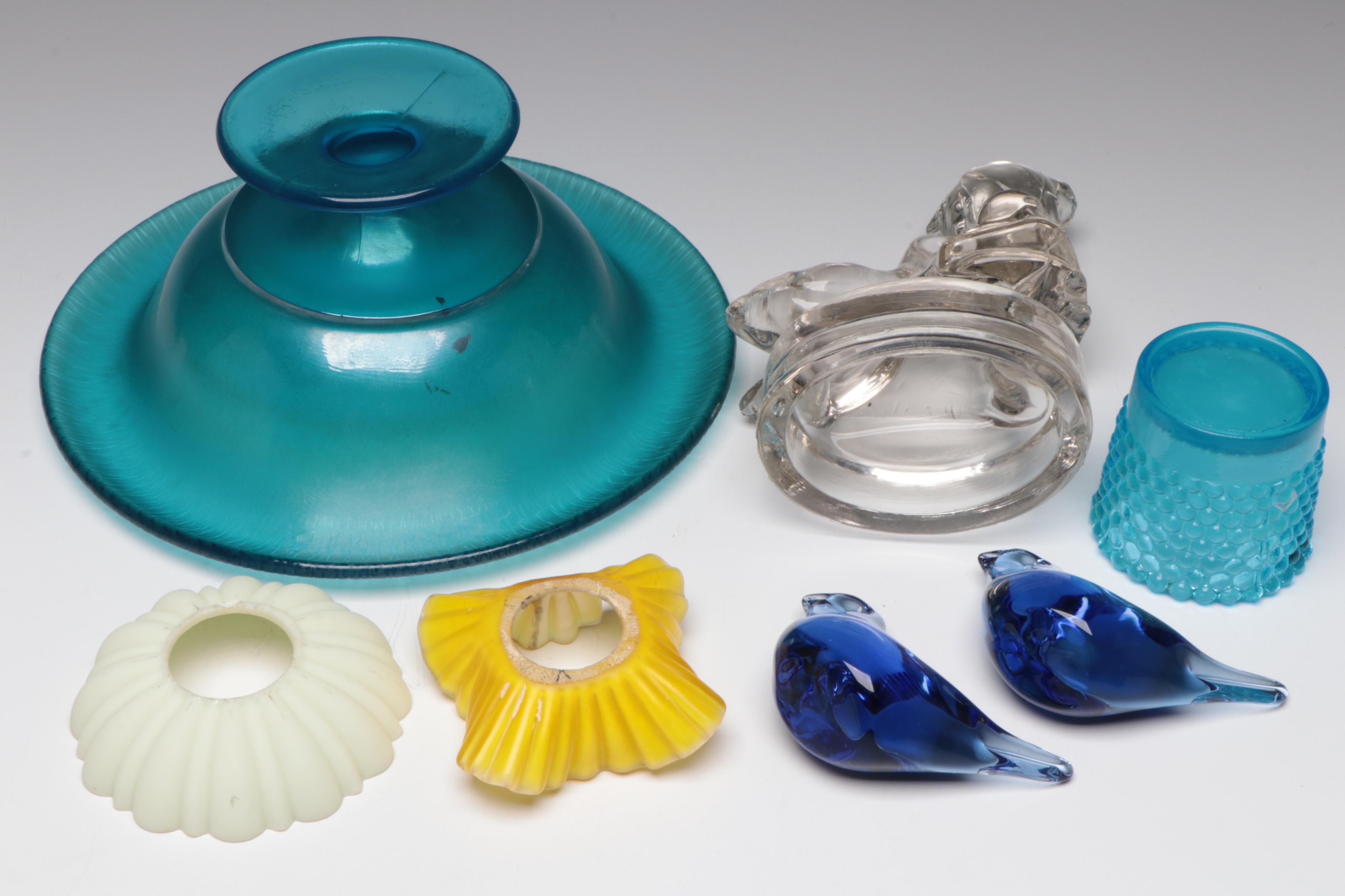 Art Deco Blue Stretch Glass Compote with Milk Glass Hand Dish and Other Decor