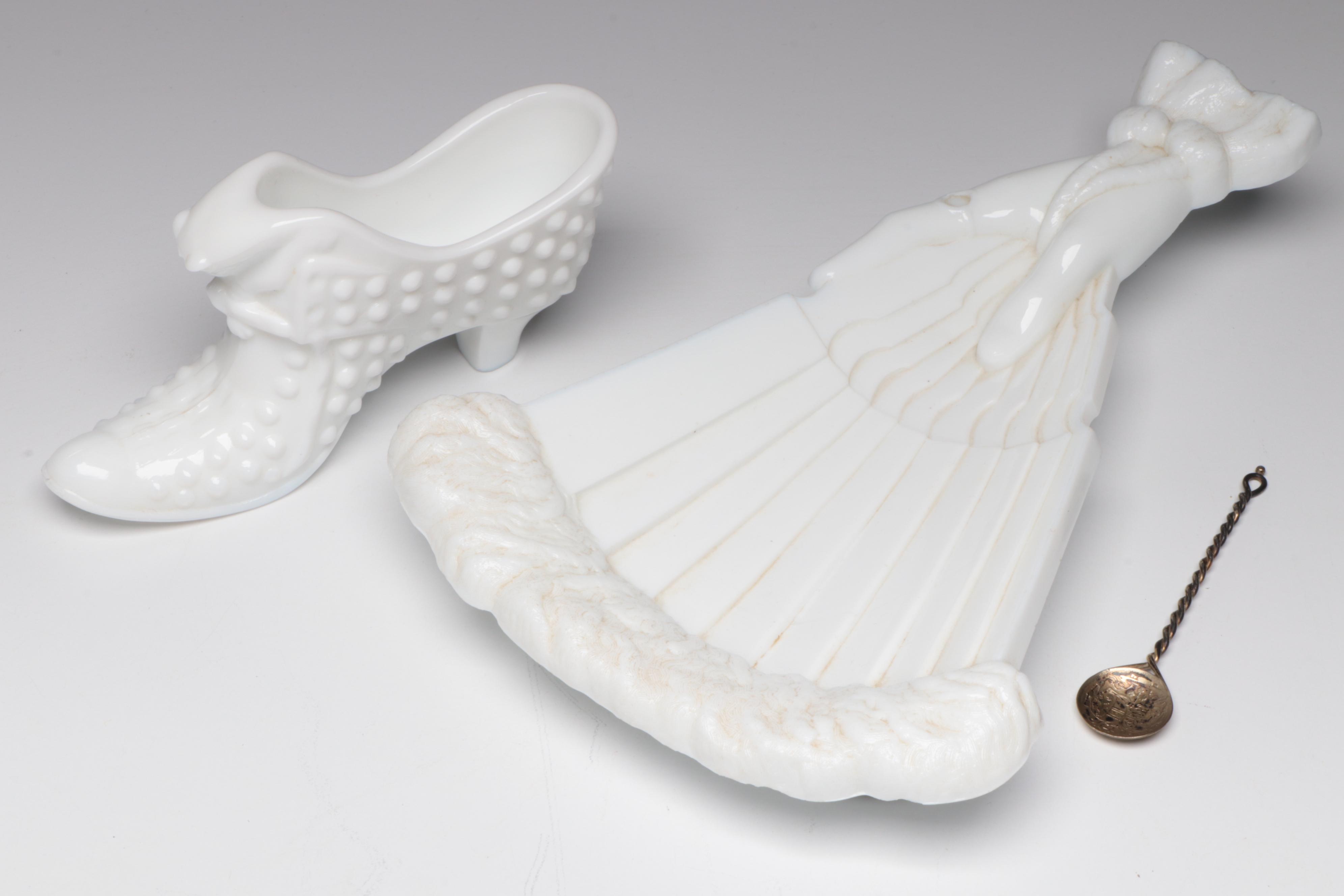 Art Deco Blue Stretch Glass Compote with Milk Glass Hand Dish and Other Decor