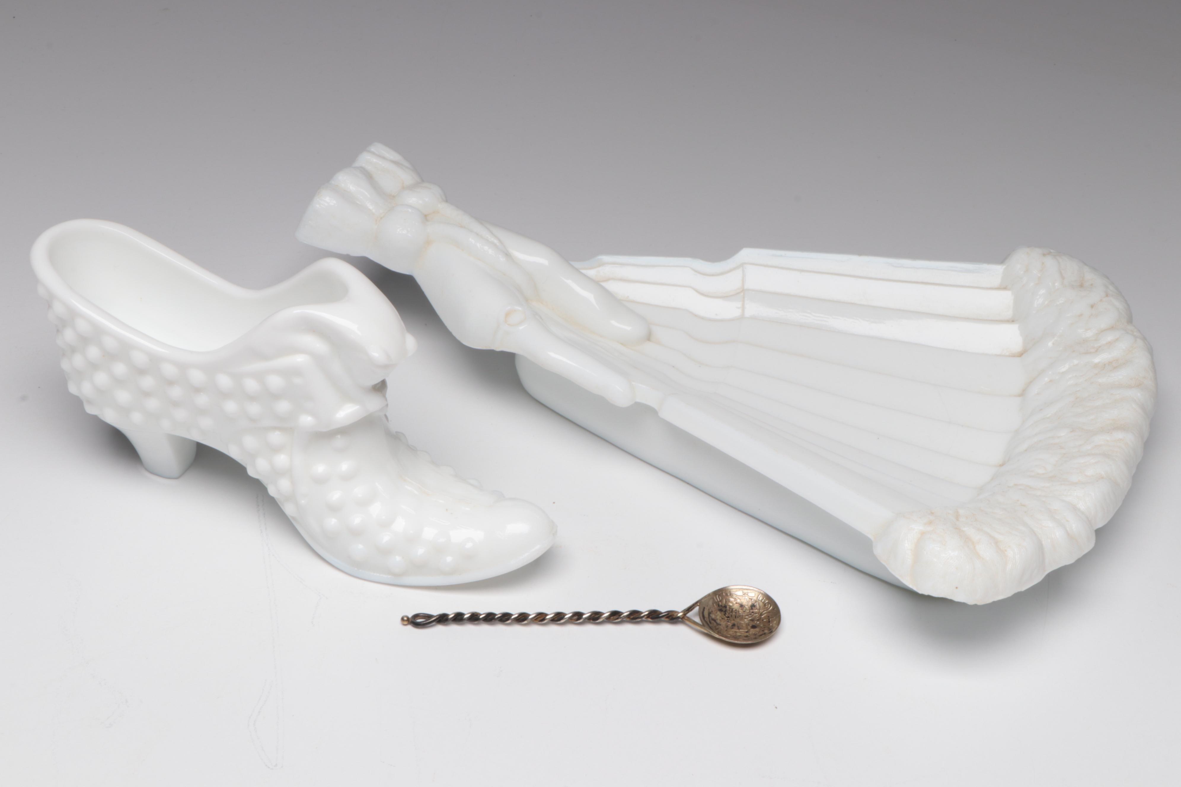 Art Deco Blue Stretch Glass Compote with Milk Glass Hand Dish and Other Decor