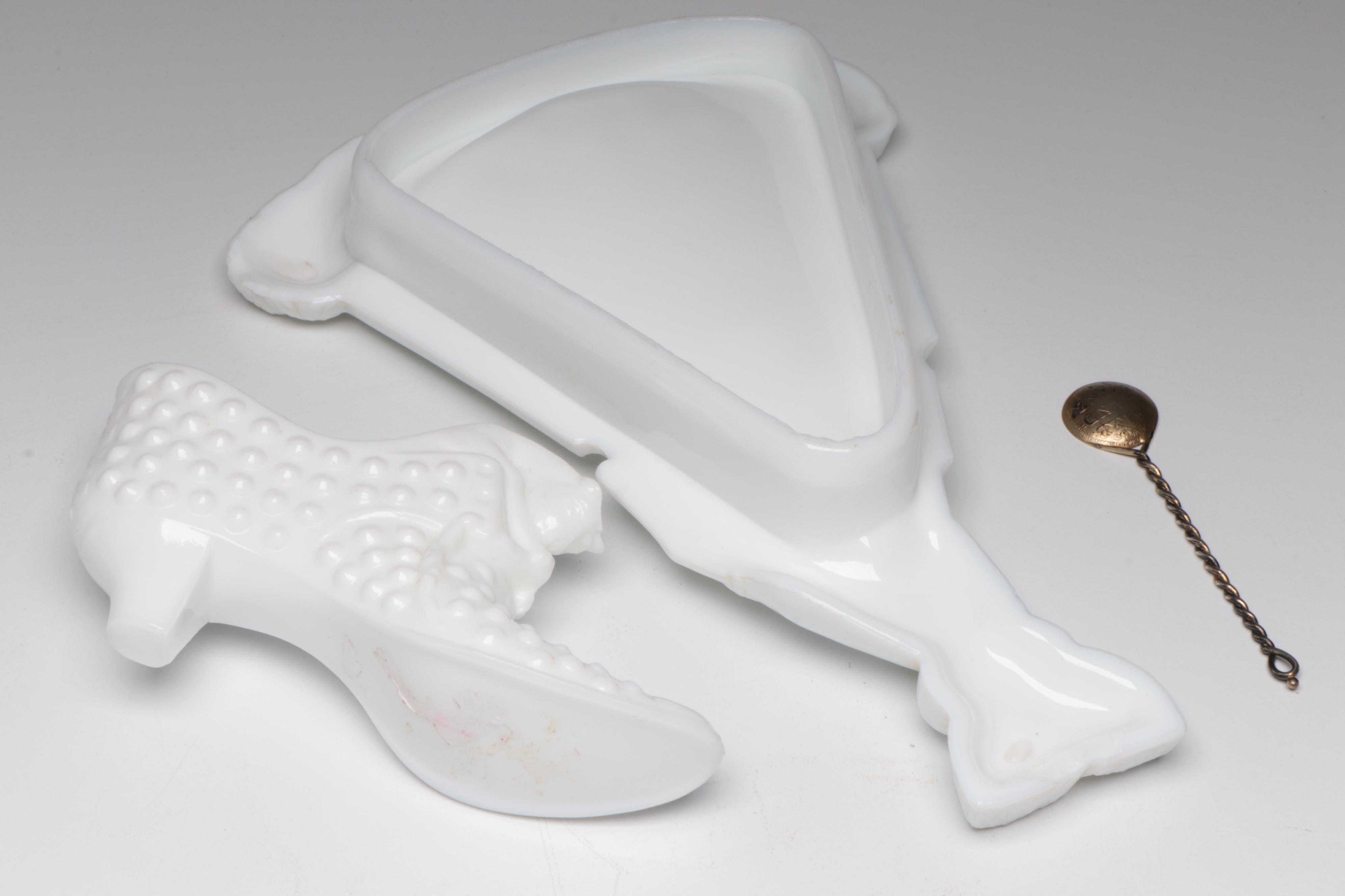 Art Deco Blue Stretch Glass Compote with Milk Glass Hand Dish and Other Decor