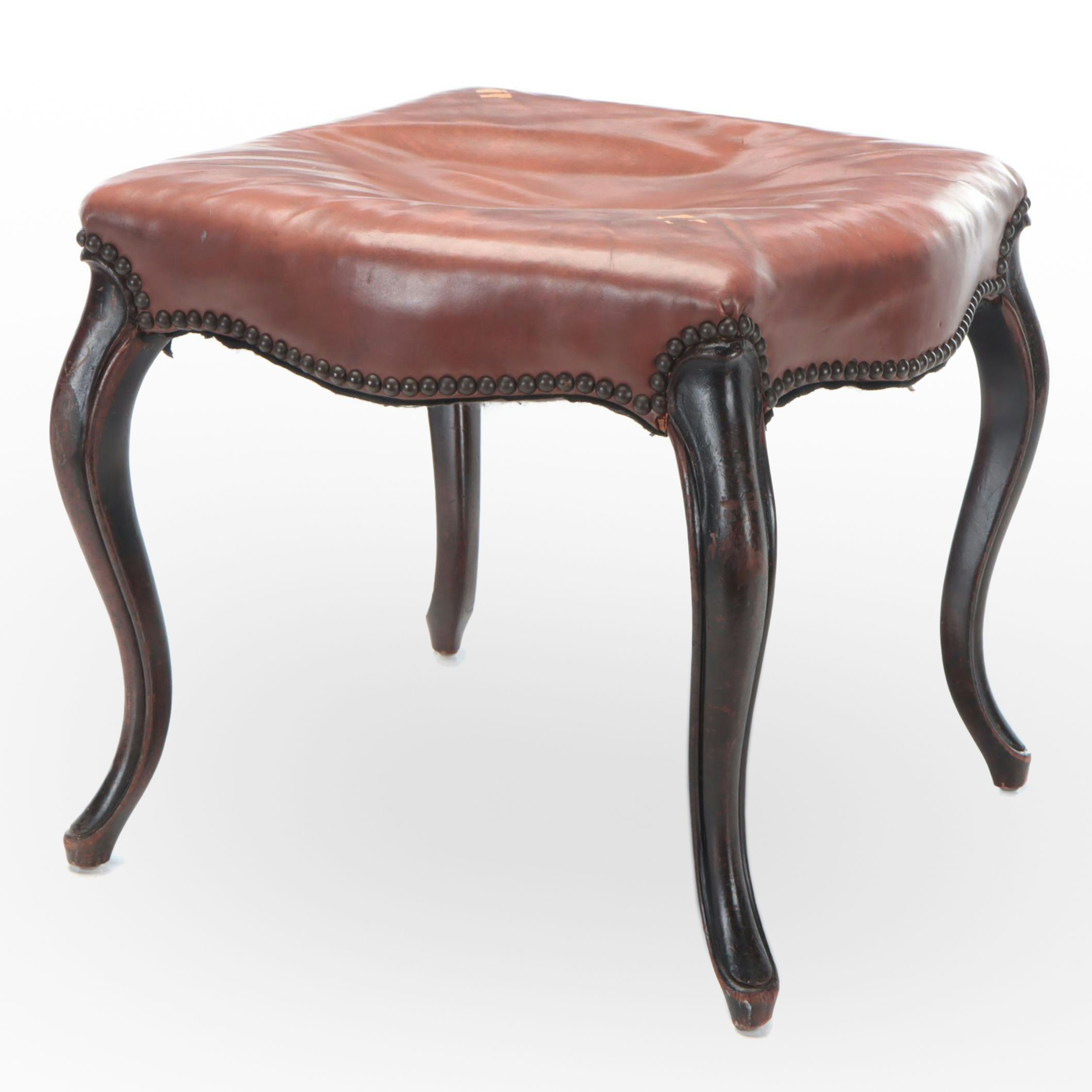 Queen Anne Style Wood and Leather Upholstered Footstool