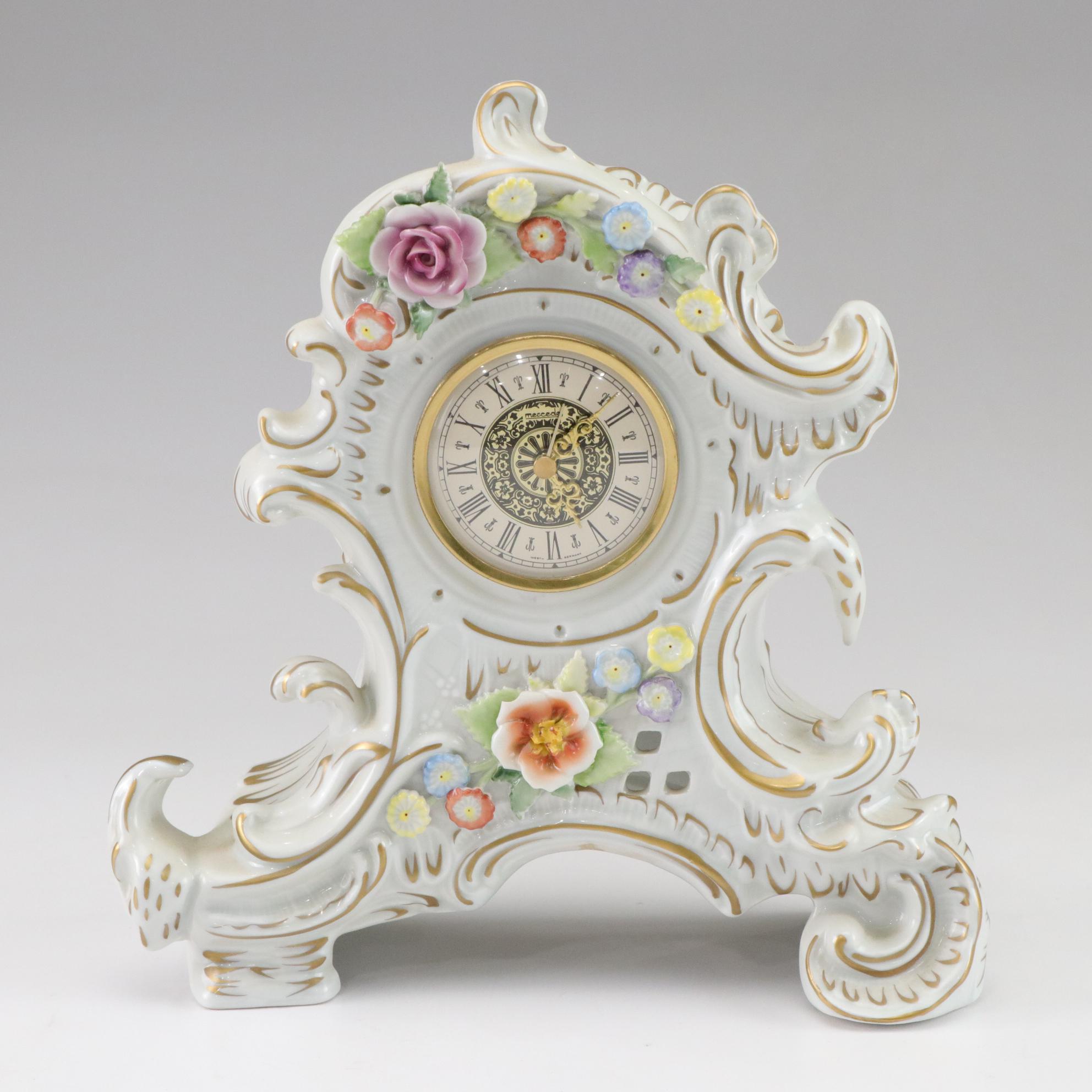 PMP Germany Floral Relief Porcelain Mantel Clock With Mercedes Quartz Parts