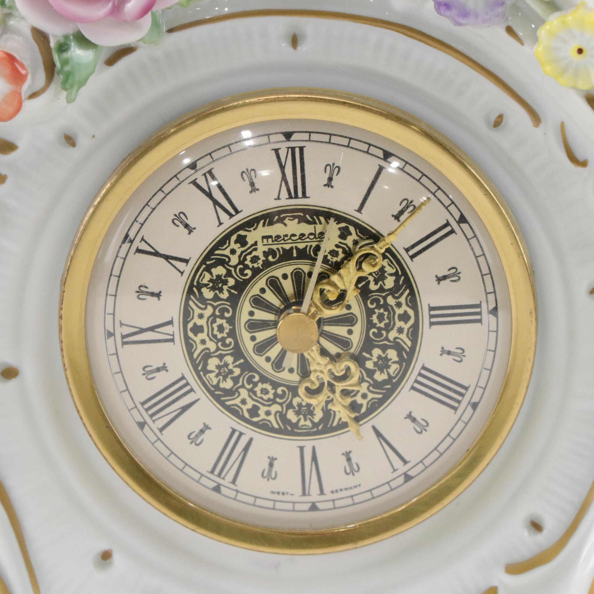 PMP Germany Floral Relief Porcelain Mantel Clock With Mercedes Quartz Parts