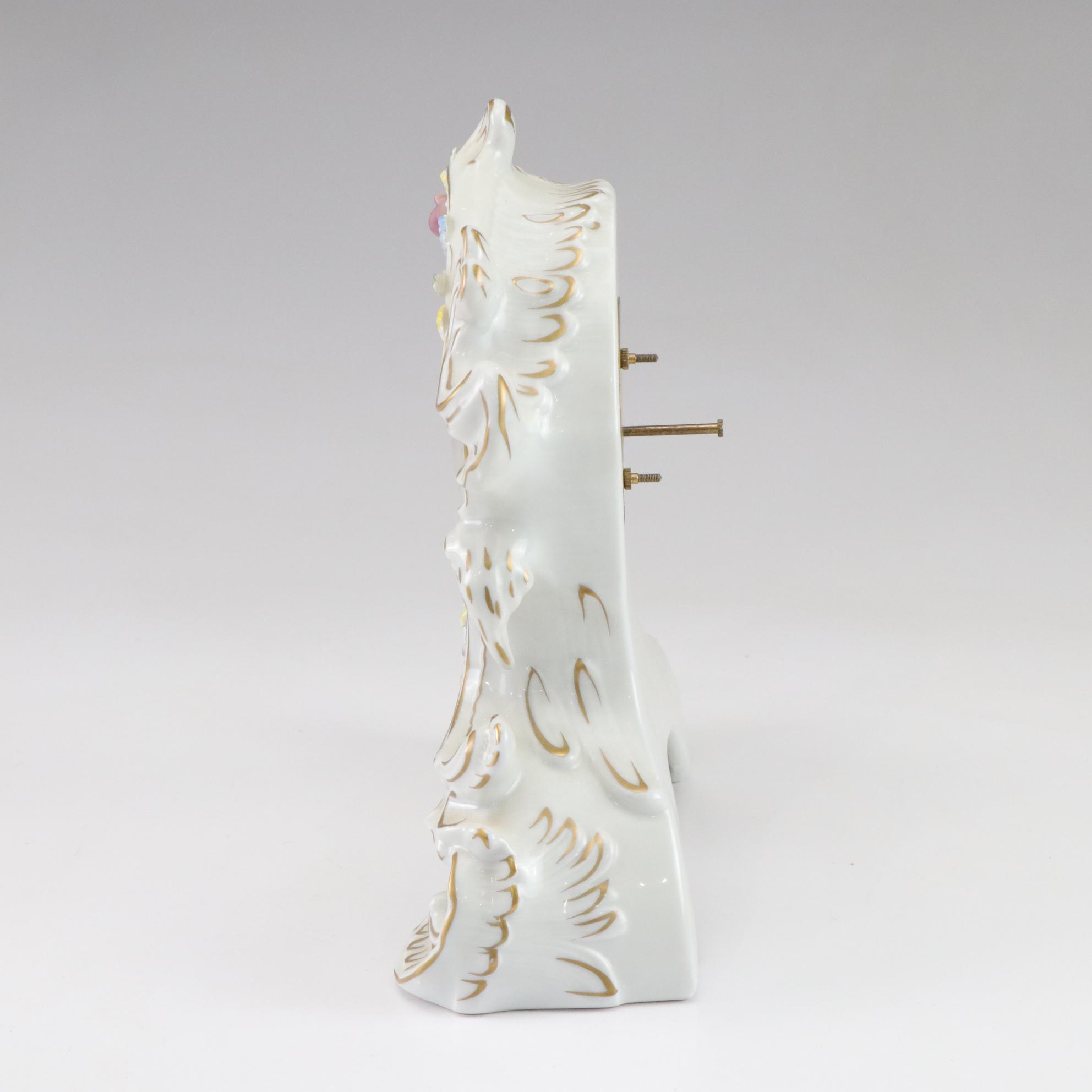 PMP Germany Floral Relief Porcelain Mantel Clock With Mercedes Quartz Parts