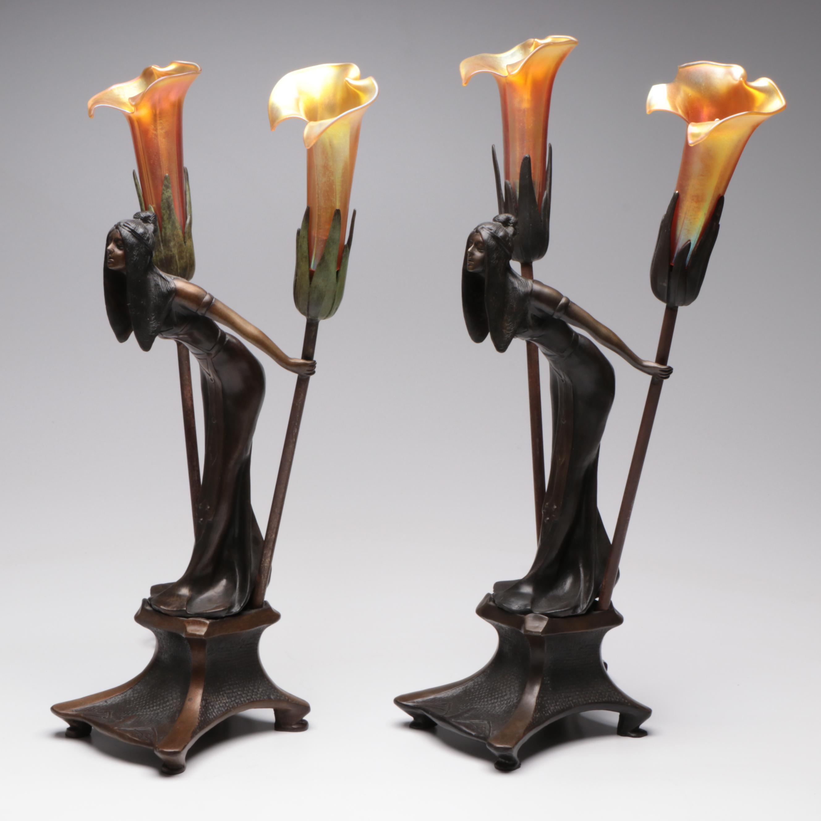 Art Nouveau Bronze Table Lamps After Gustav Gurschner