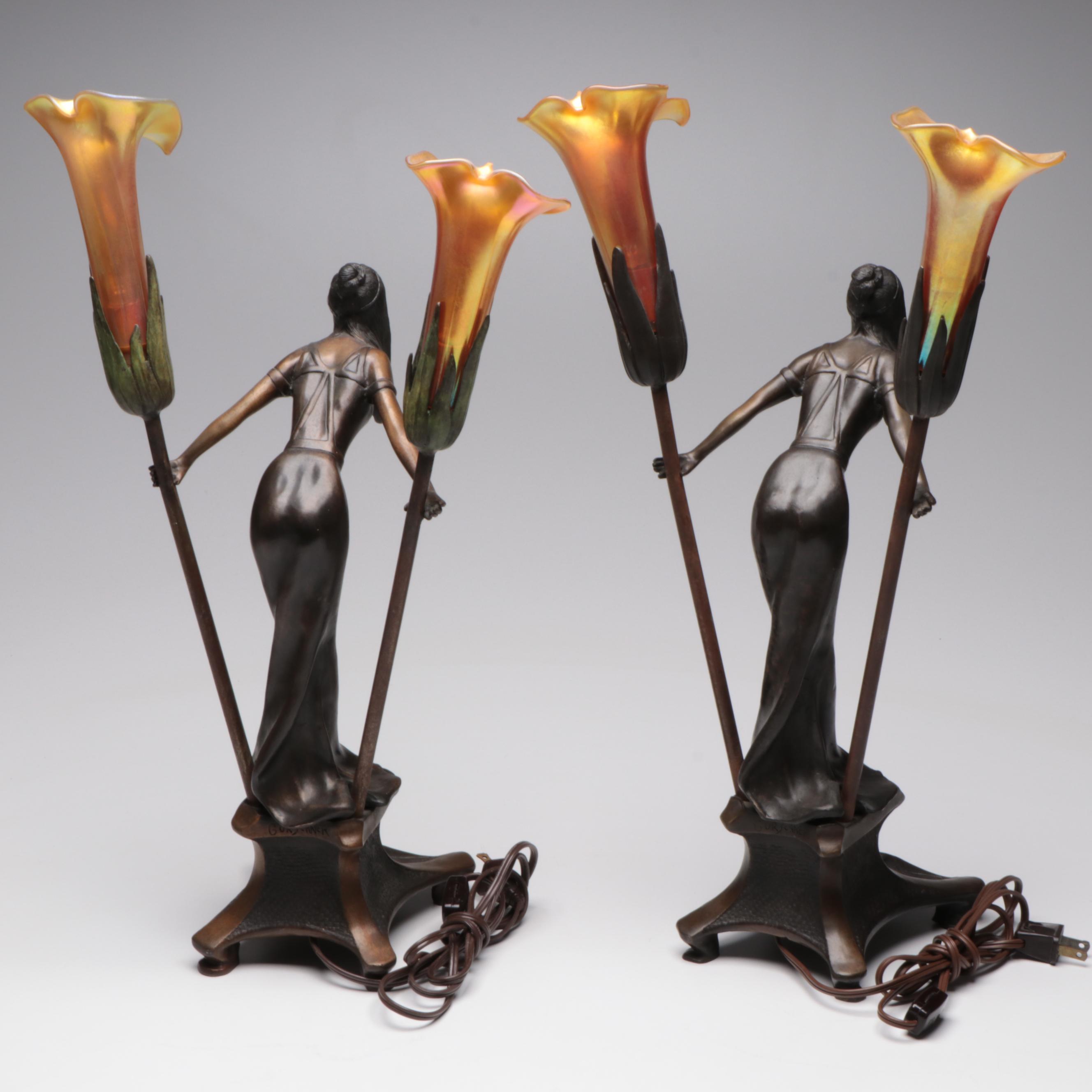 Art Nouveau Bronze Table Lamps After Gustav Gurschner