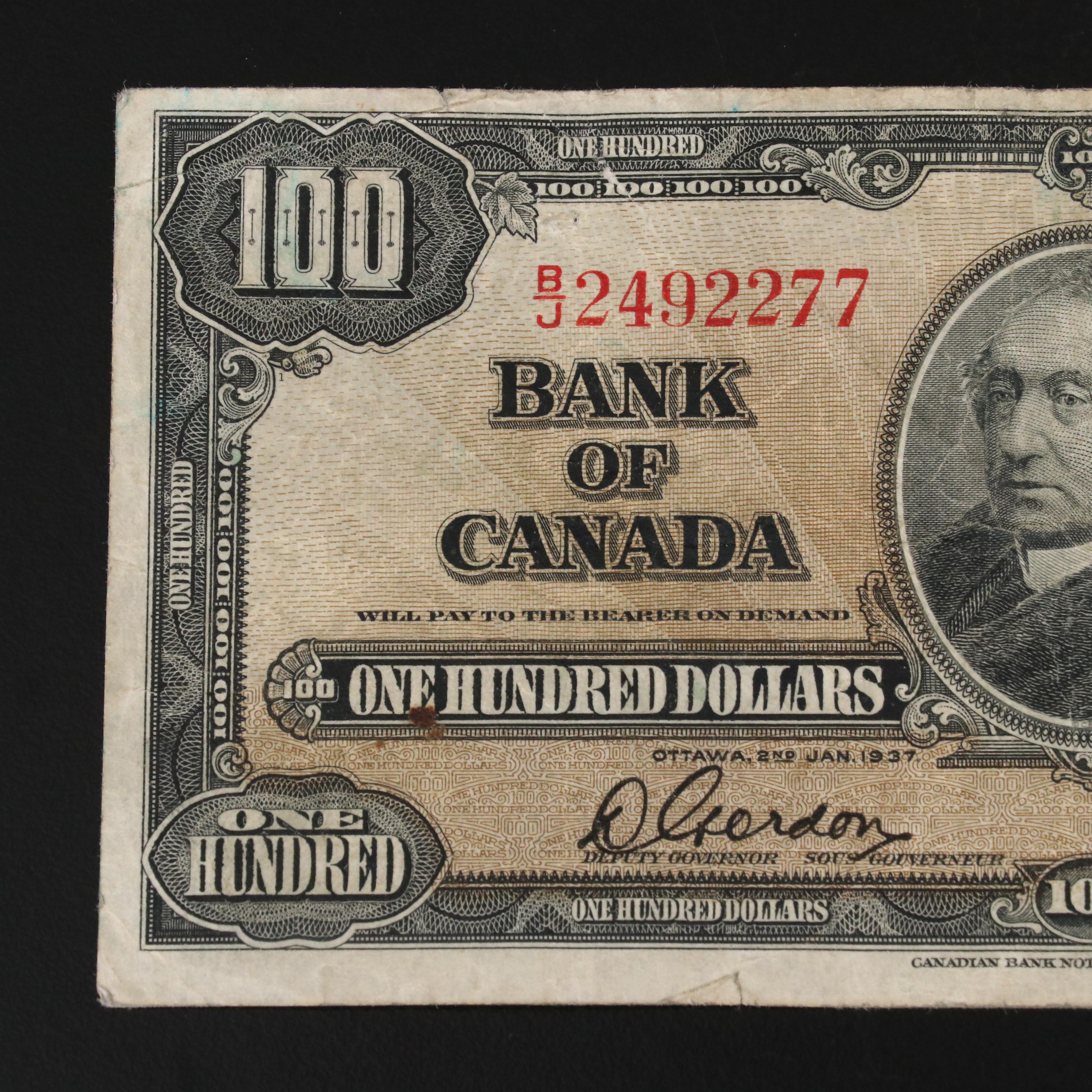 1937 Canadian $100 Currency Note