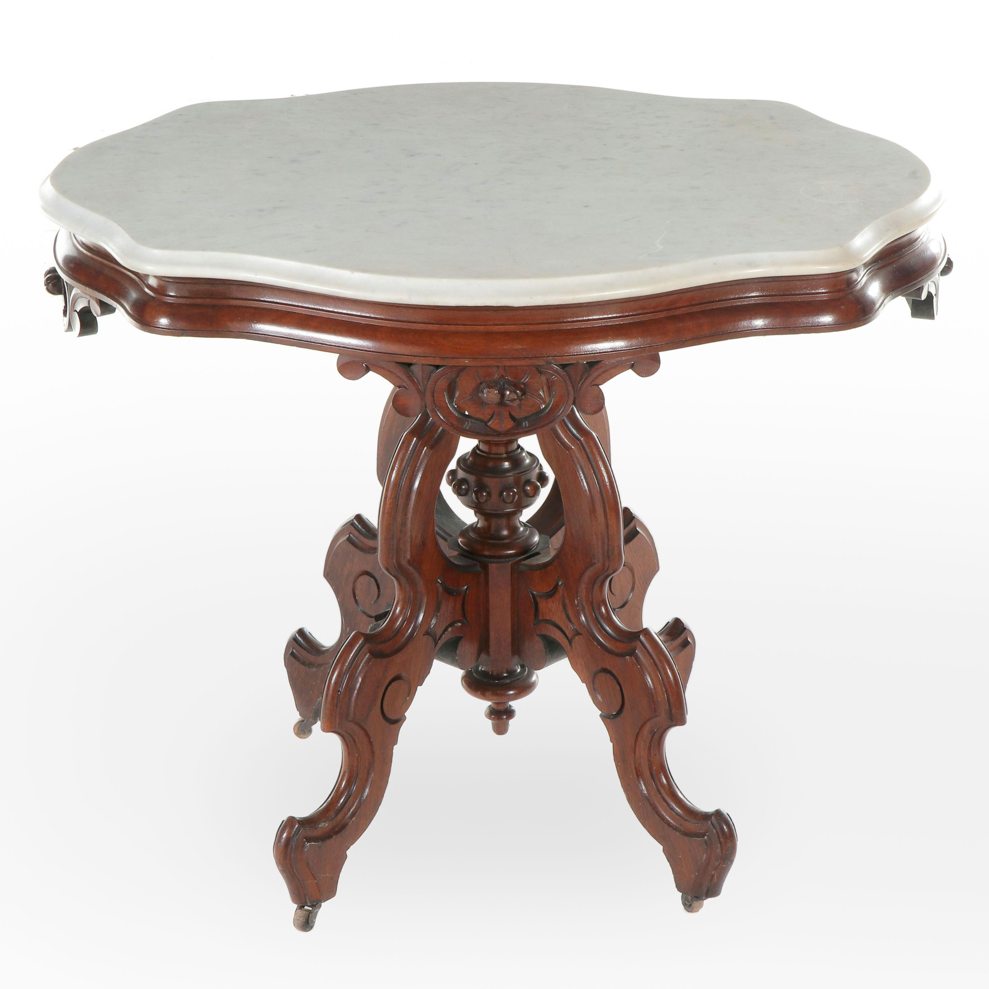 Victorian Rococo Revival Carved Walnut and White Marble Parlor Table, circa 1870