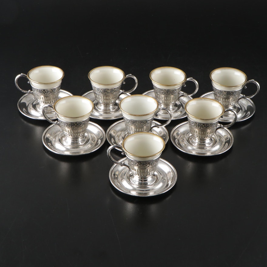 Webster Sterling Silver Zarfs and Saucers with German Porcelain Cups