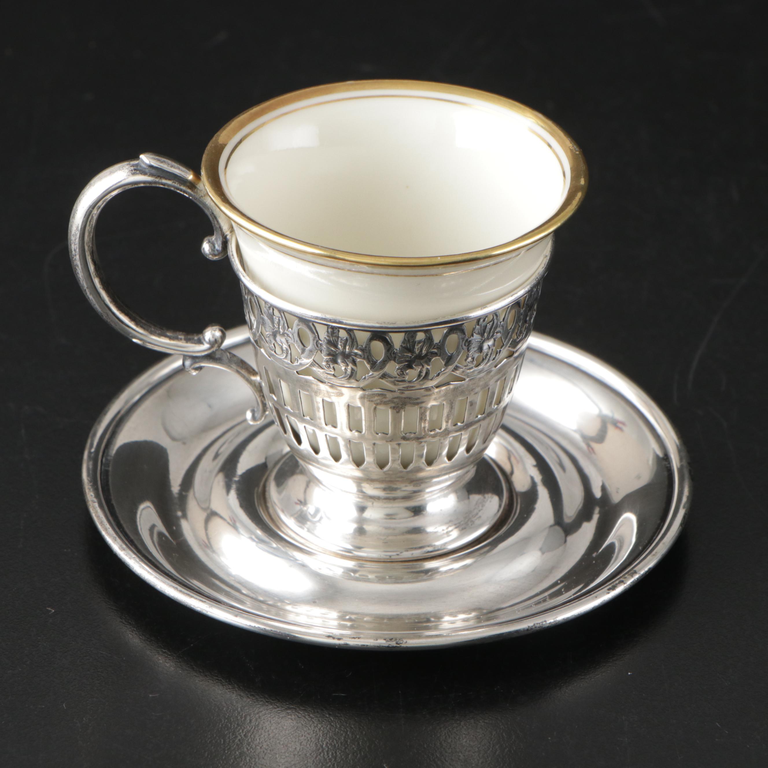 Webster Sterling Silver Zarfs and Saucers with German Porcelain Cups