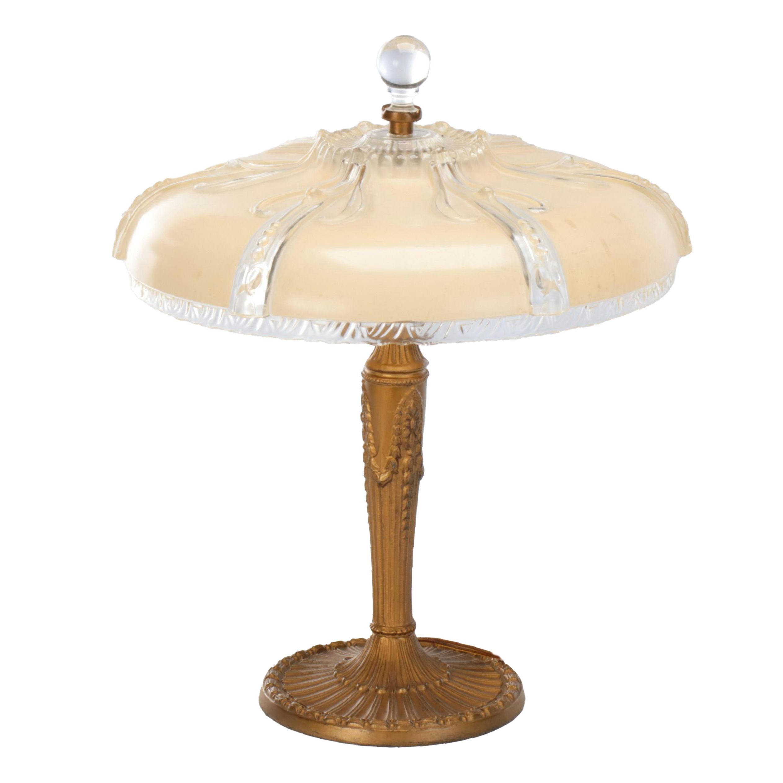 Neoclassical Style Gilt Cast Spelter Lamp with Art Deco Glass Shade