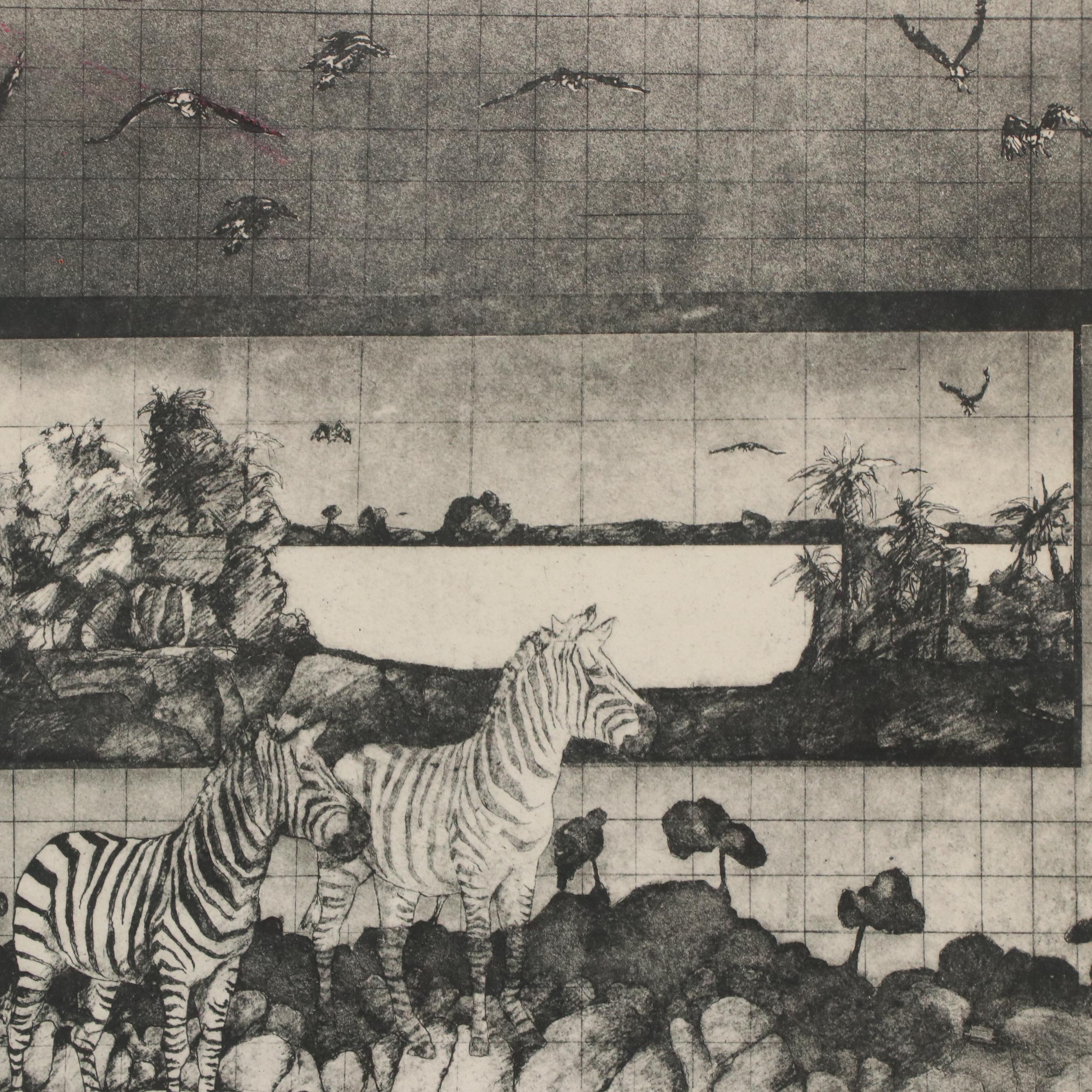 Lori Bartman Etching "Zebras II," 1975