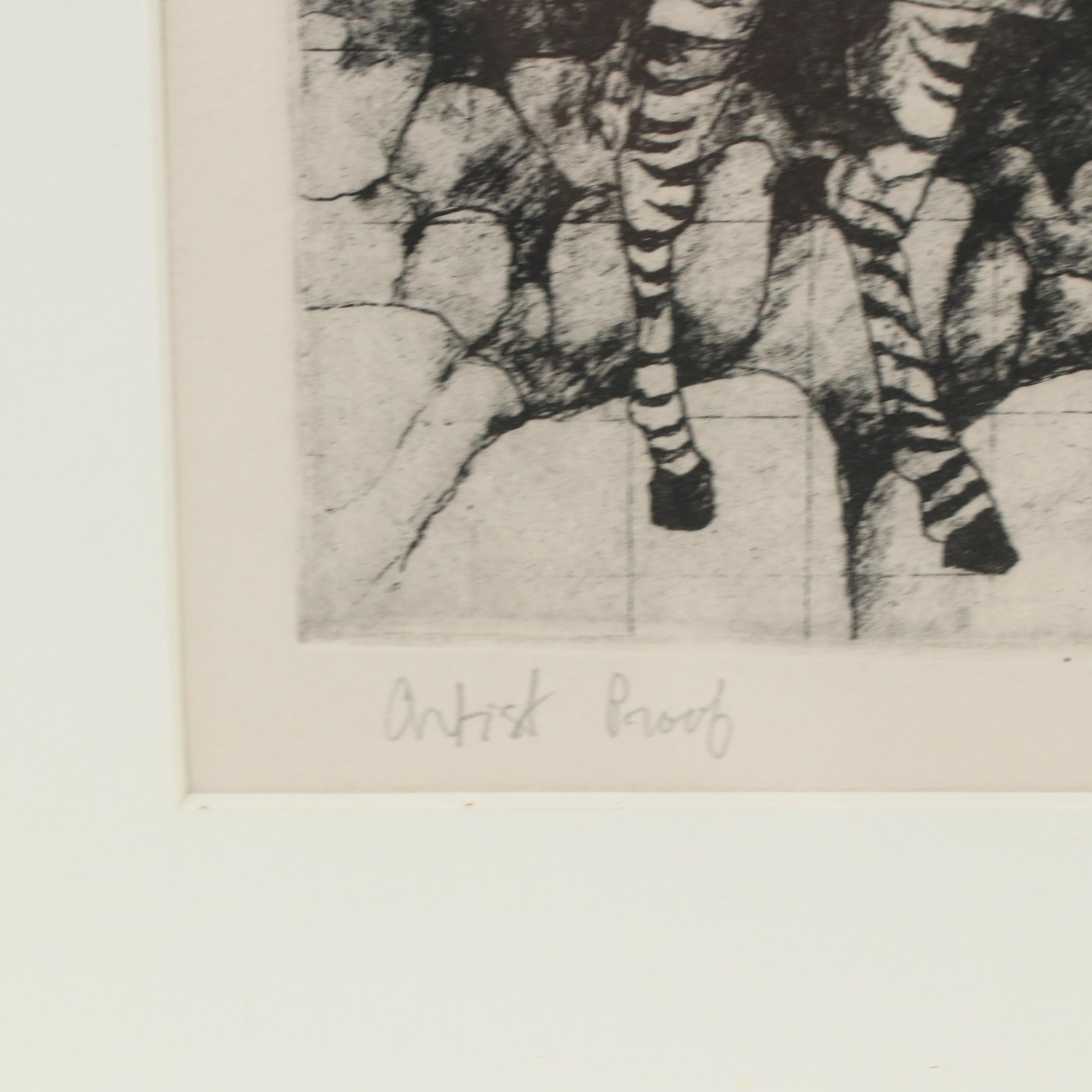 Lori Bartman Etching "Zebras II," 1975