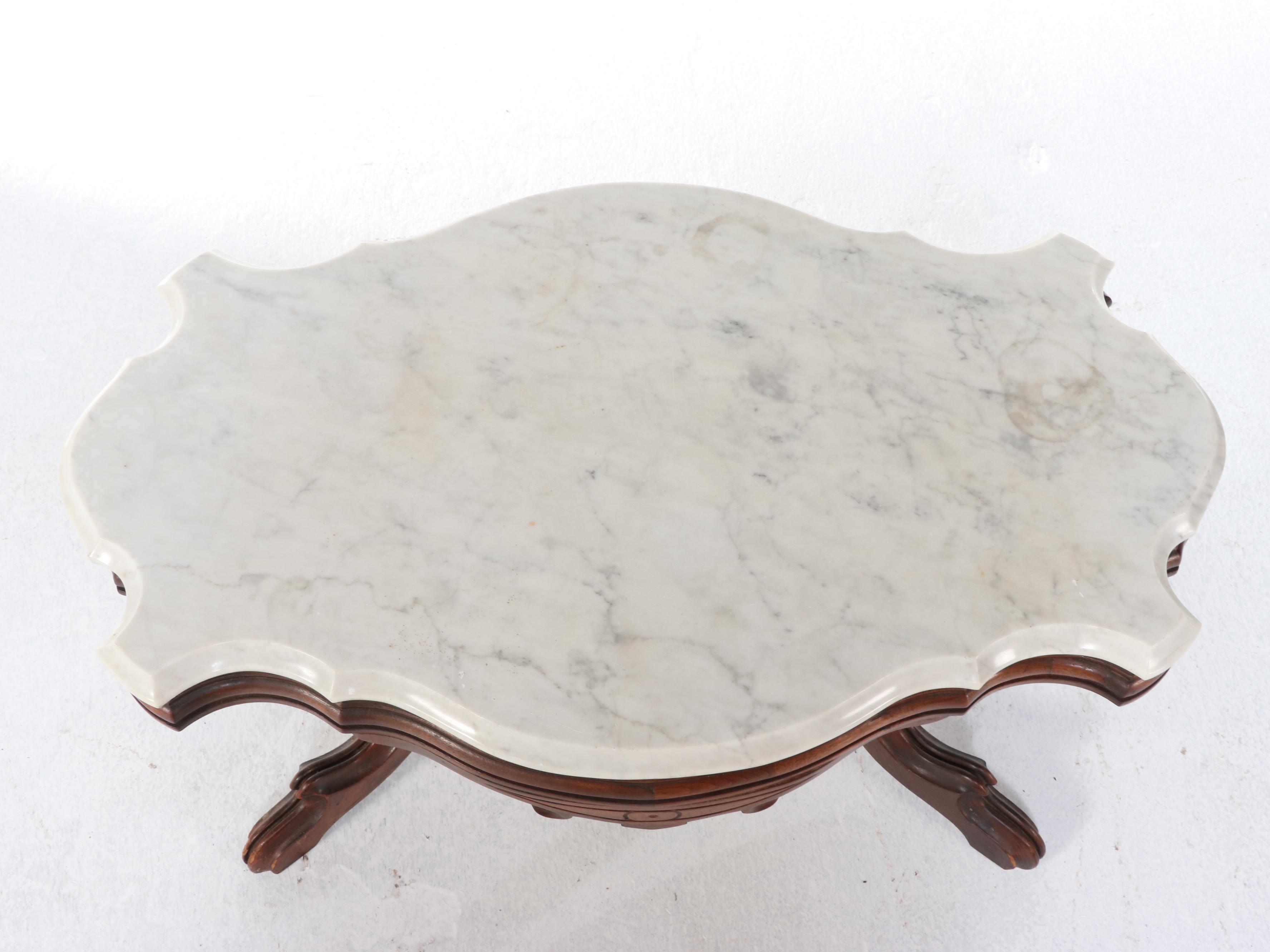 Victorian Carved Walnut and Marble Top Coffee Table with Dog Finial, Circa 1870