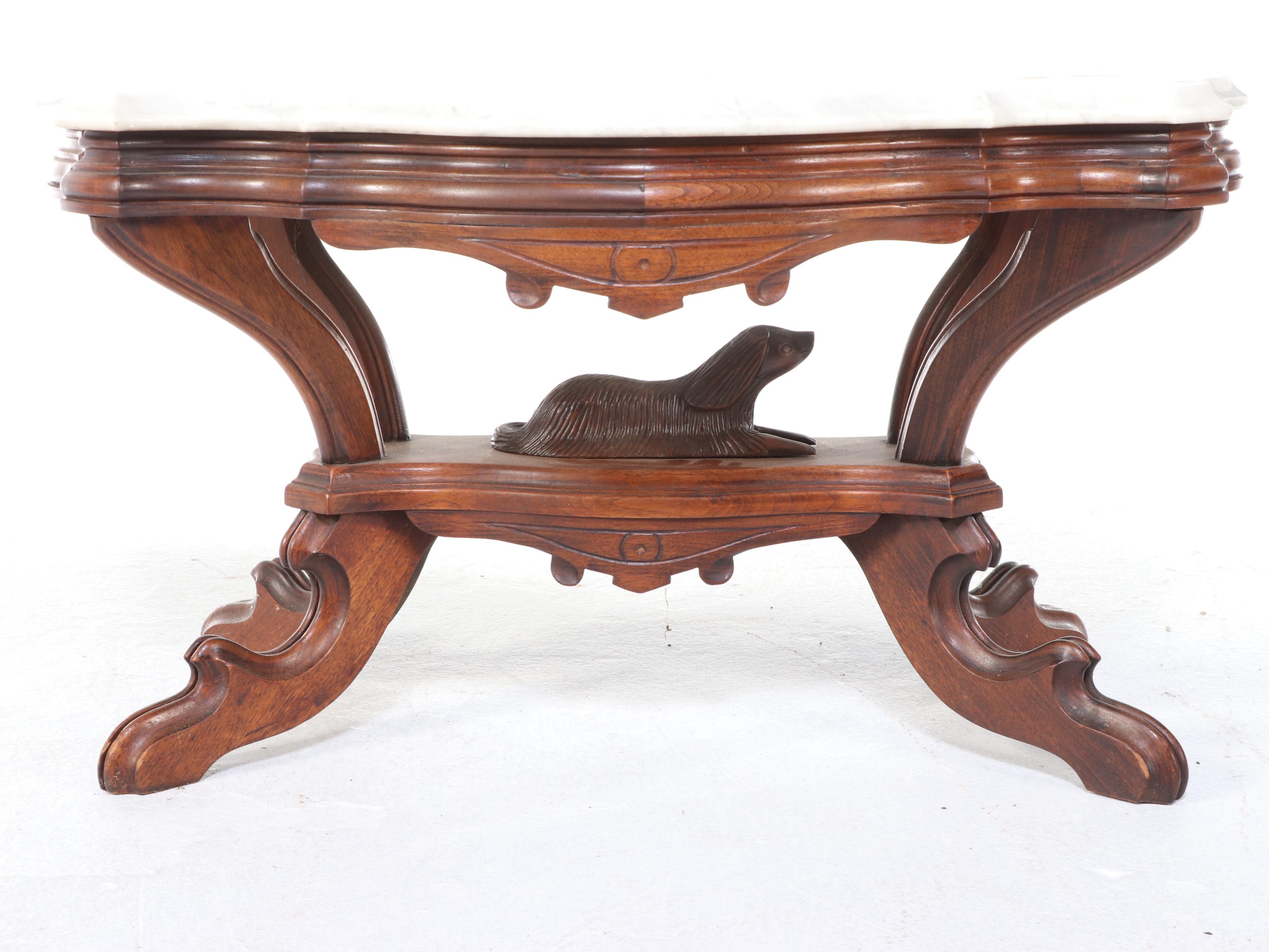 Victorian Carved Walnut and Marble Top Coffee Table with Dog Finial, Circa 1870