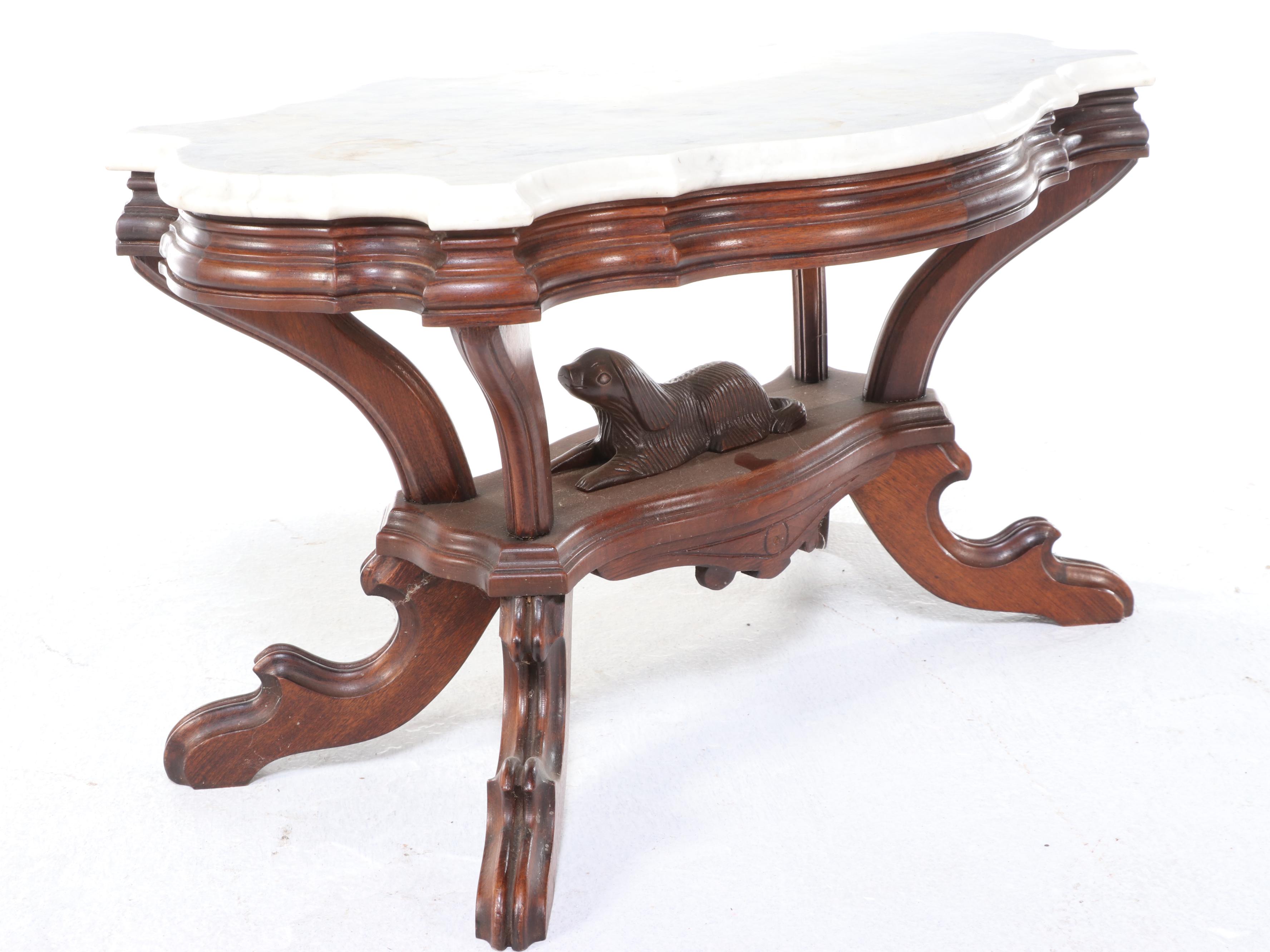 Victorian Carved Walnut and Marble Top Coffee Table with Dog Finial, Circa 1870